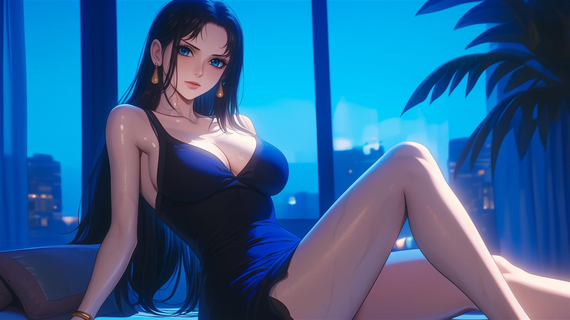 Nico Robin resting in a modern hotel room with moonlight glow