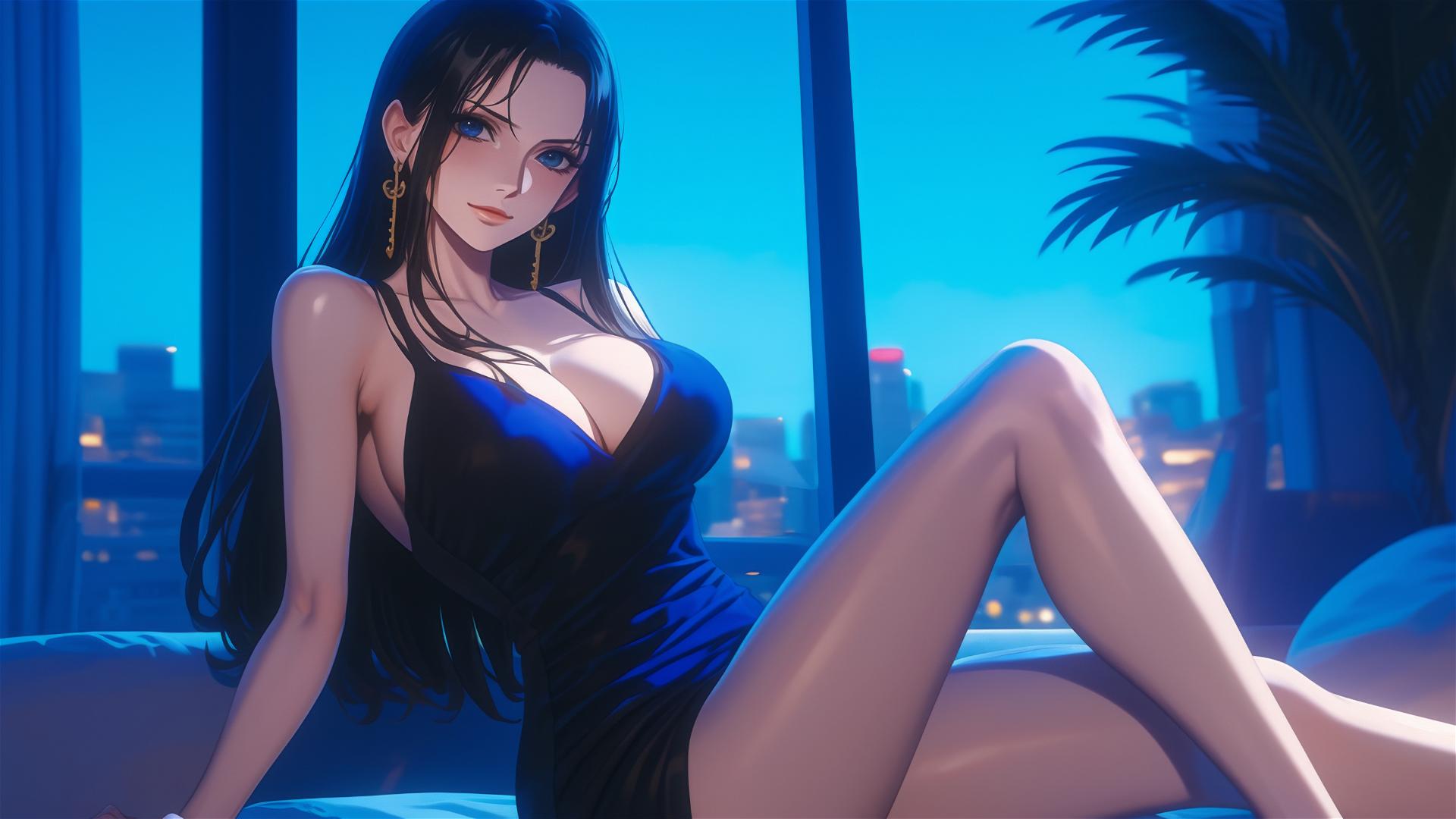 Nico Robin from One Piece resting in a modern hotel room, moonlight glow