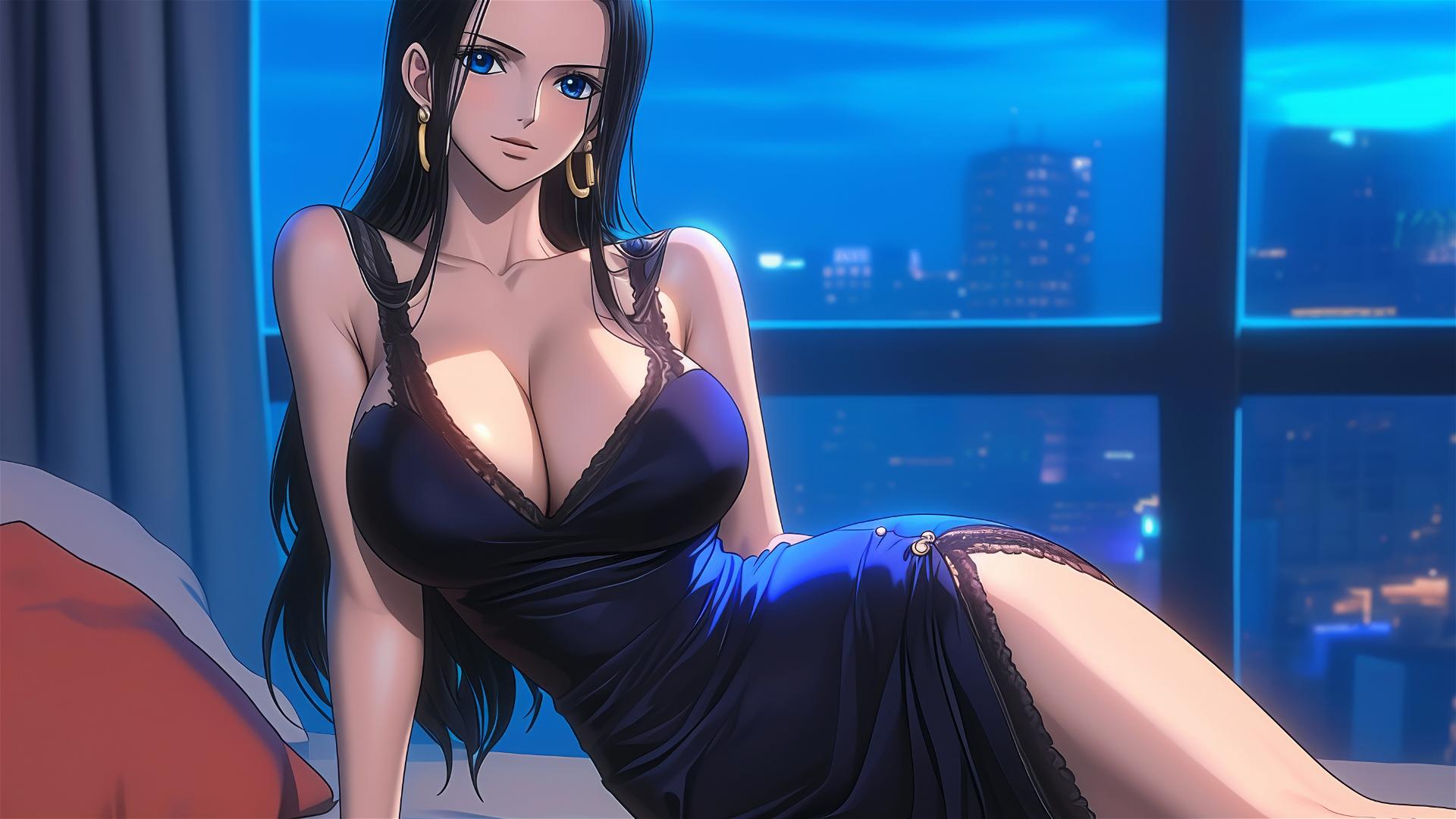 Nico Robin from One Piece resting in a modern hotel room under moonlight