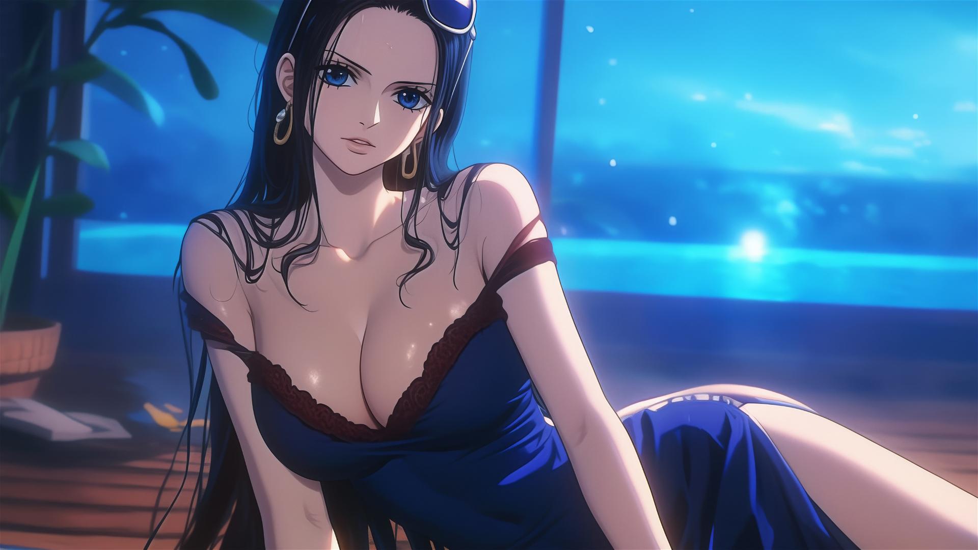 Nico Robin from One Piece resting at a modern hotel with moonlight glow