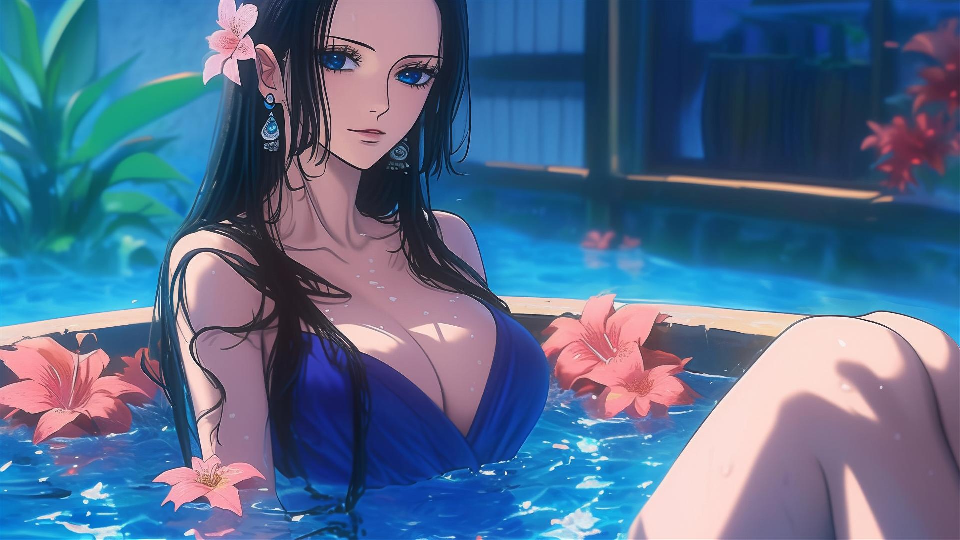 Nico Robin from One Piece in a tub full of flowers at a Chinese spa wearing sunglasses.