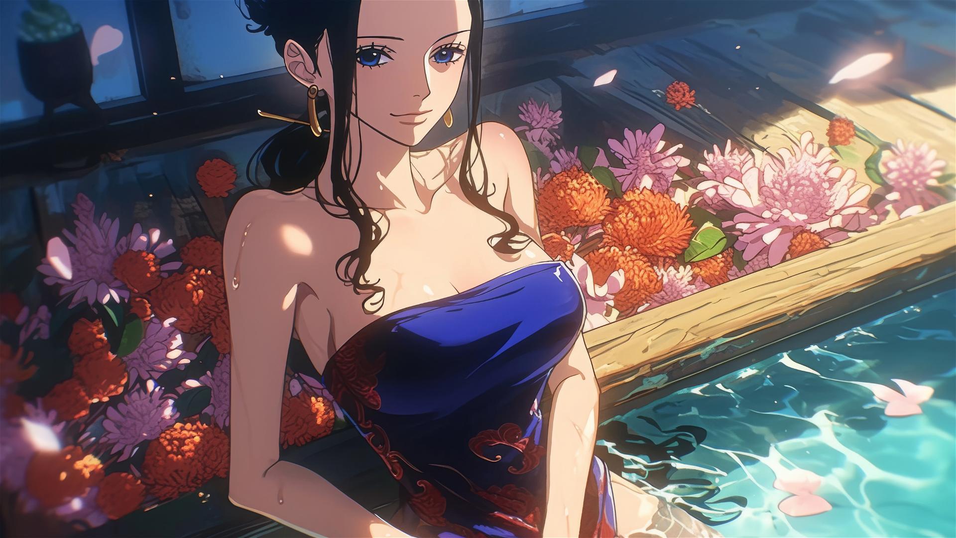 Nico Robin from One Piece in a tub full of flowers at a Chinese spa wearing sunglasses