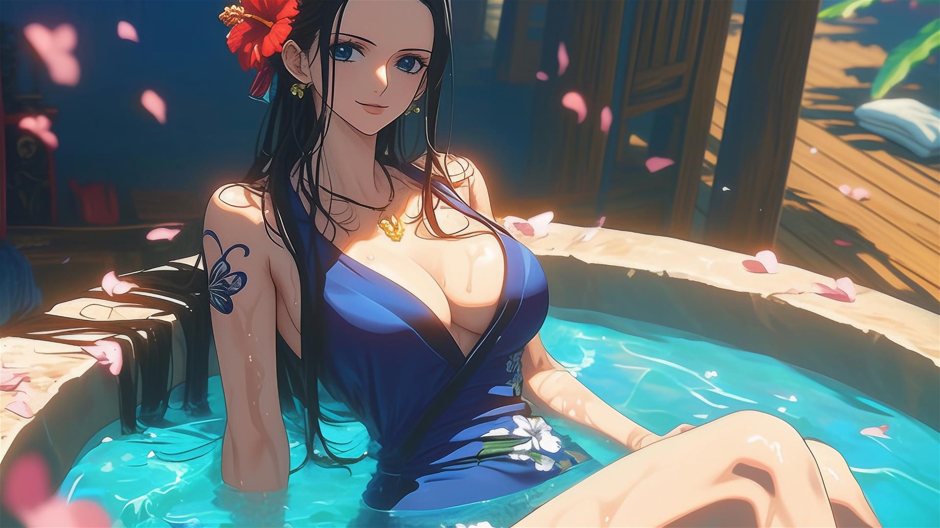 Nico Robin from One Piece in a flower-filled tub at a Chinese spa, wearing sunglasses.