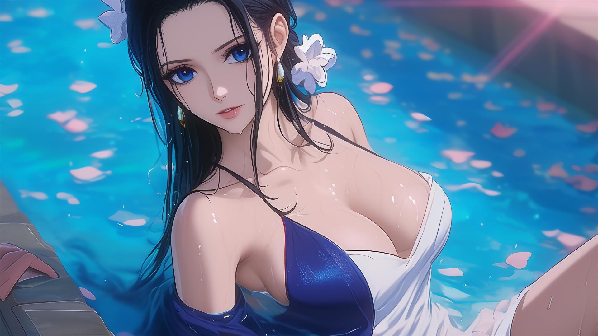 Nico Robin from One Piece in tub full of flowers, Chinese spa, with sunglasses