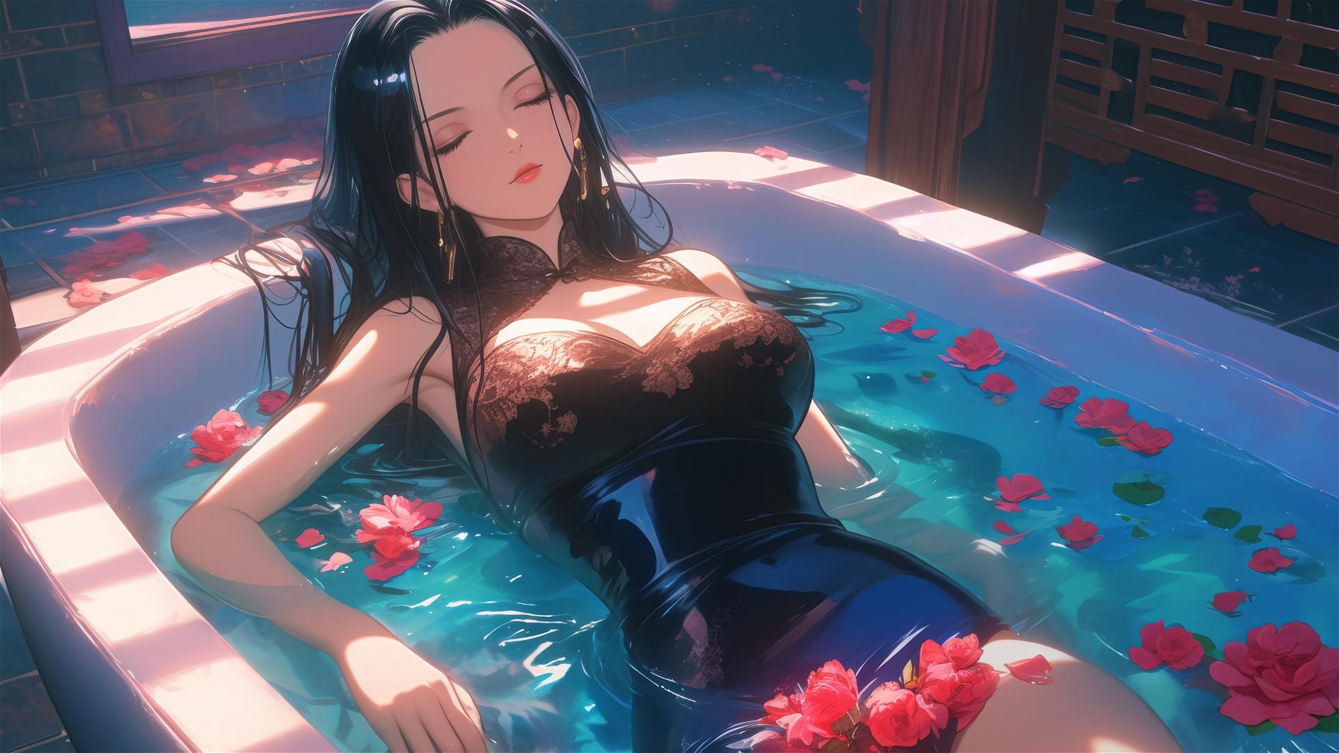 Nico Robin in a tub full of flowers, set in a Chinese spa, extremely beautiful.
