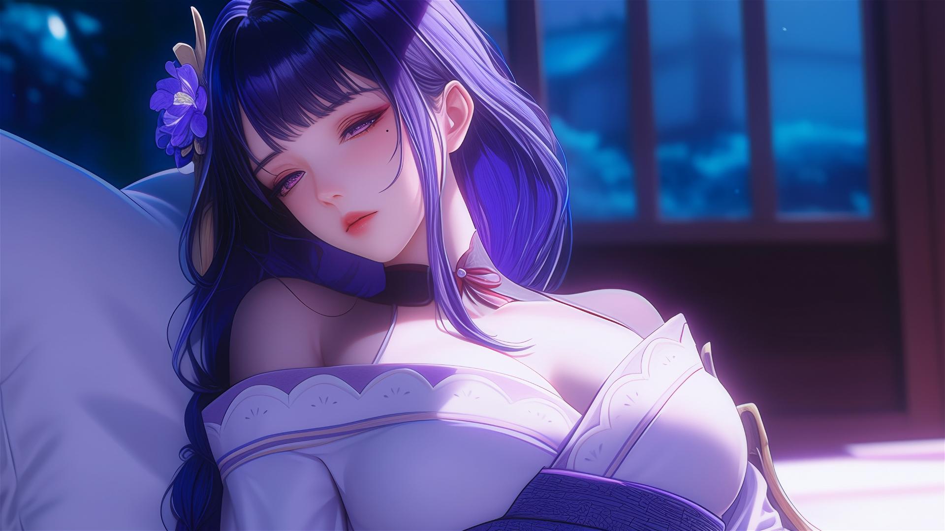 Raiden Shogun from Genshin Impact resting at a modern hotel, moonlight glow.