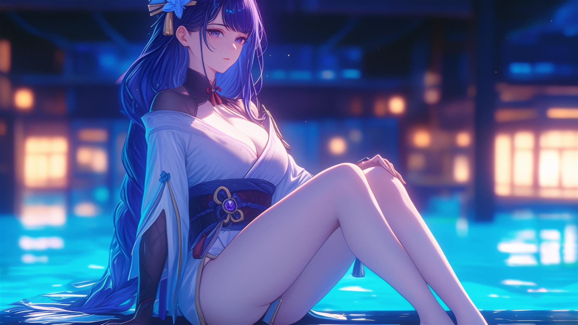 Raiden Shogun from Genshin Impact resting in a modern hotel with moonlight on her.