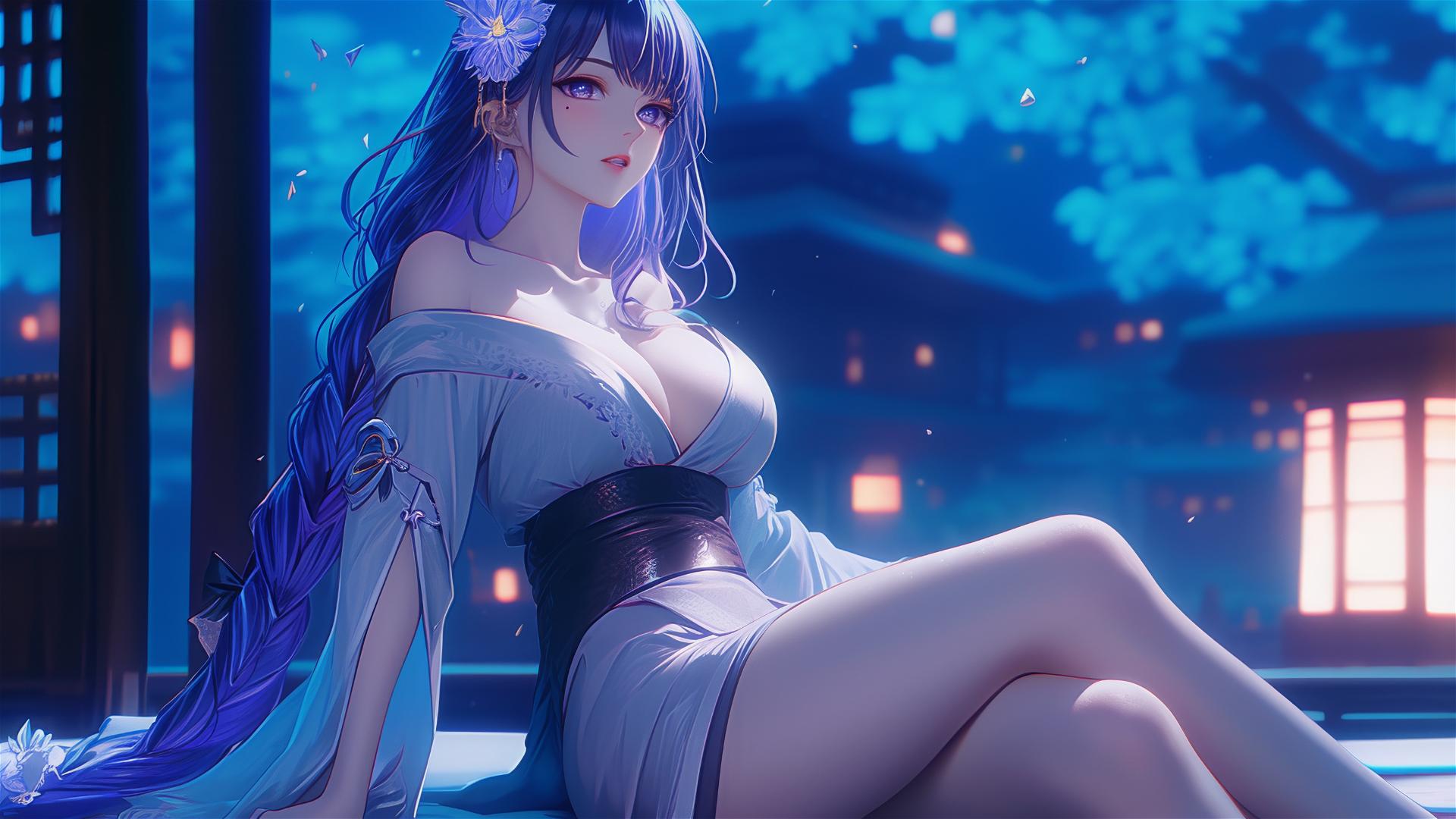 Raiden Shogun from Genshin Impact resting in a modern hotel illuminated by moonlight
