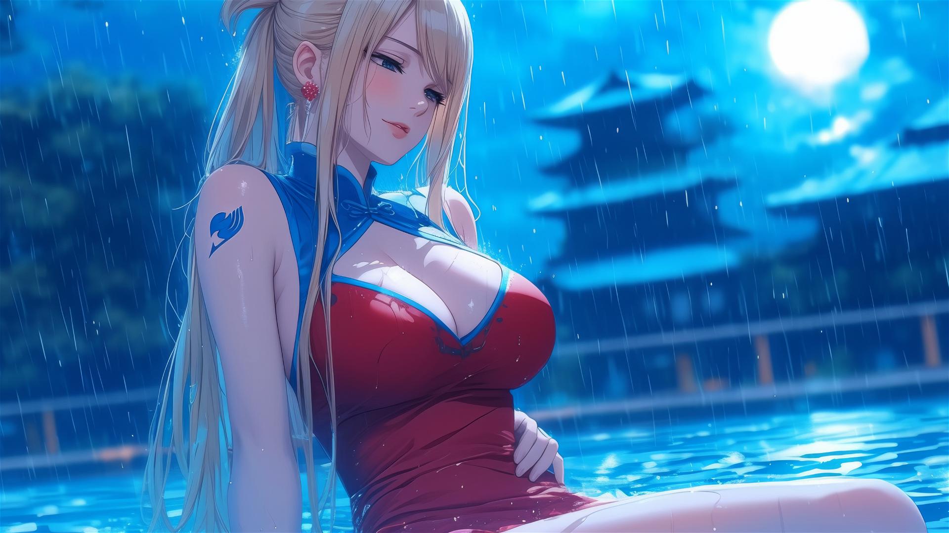Lucy Heartfilia resting by a rain-soaked pool under moonlight in a red dress.