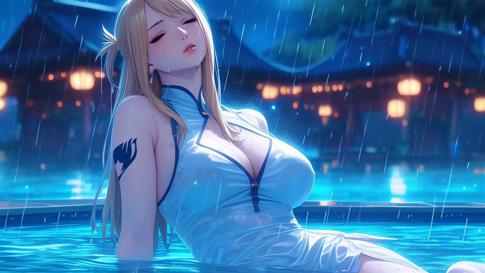 Lucy Heartfilia resting at a raining pool under moonlight