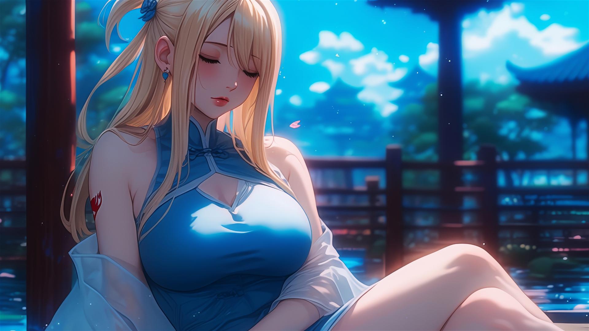 Lucy Heartfilia from Fairy Tail resting in an apartment with moonlight glow
