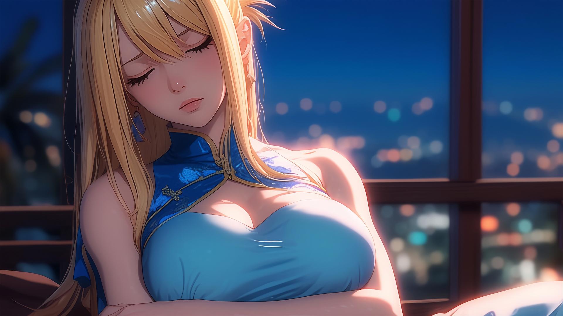 Lucy Heartfilia from Fairy Tail resting in an apartment, lit by moonlight.