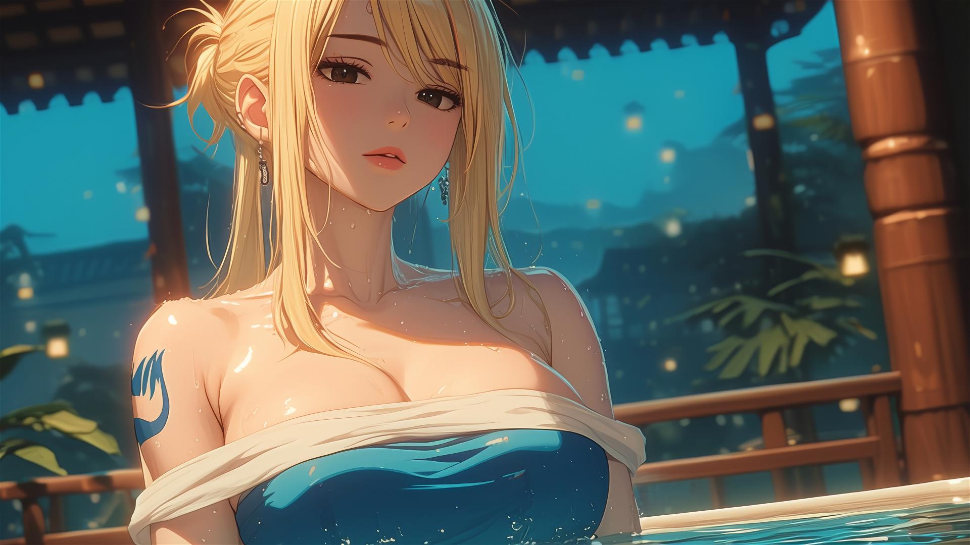 Lucy Heartfilia resting in a tub under moonlight