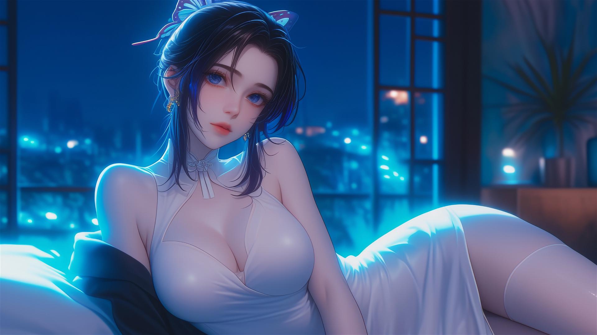 Shinobu Kocho rests in a neon-lit modern hotel room with moonlight glow.