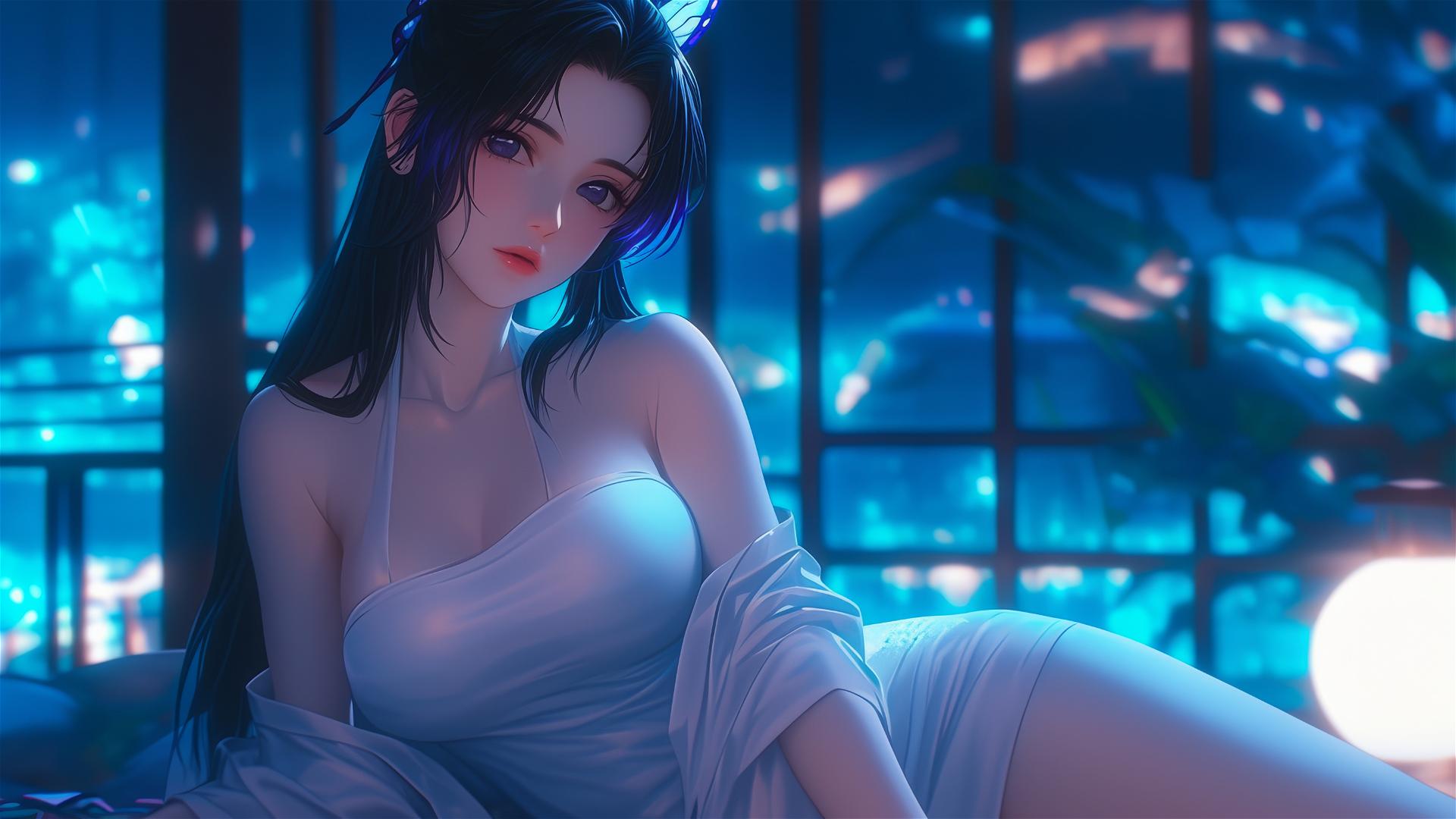 Shinobu Kocho resting in modern hotel room with neon lights and moonlight