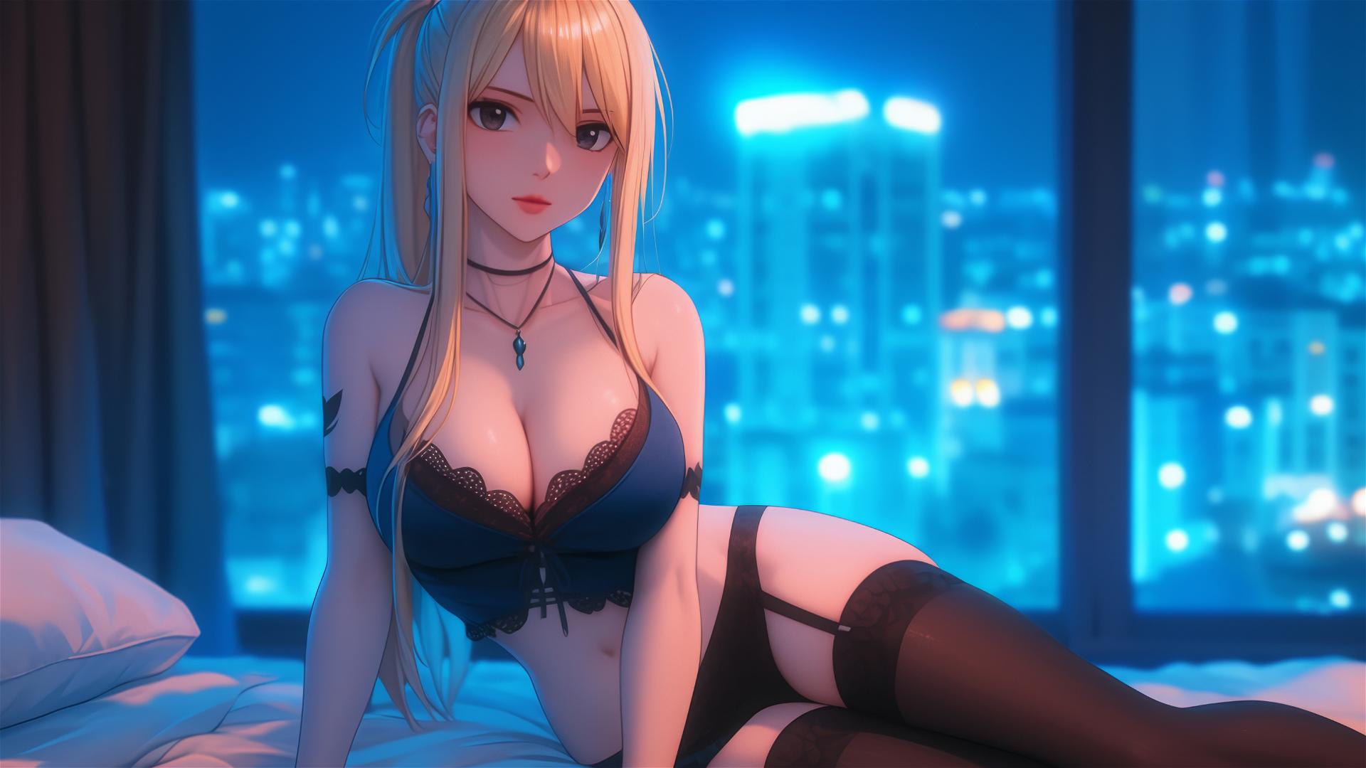 Lucy Heartfilia resting in a modern hotel room with moonlight glow
