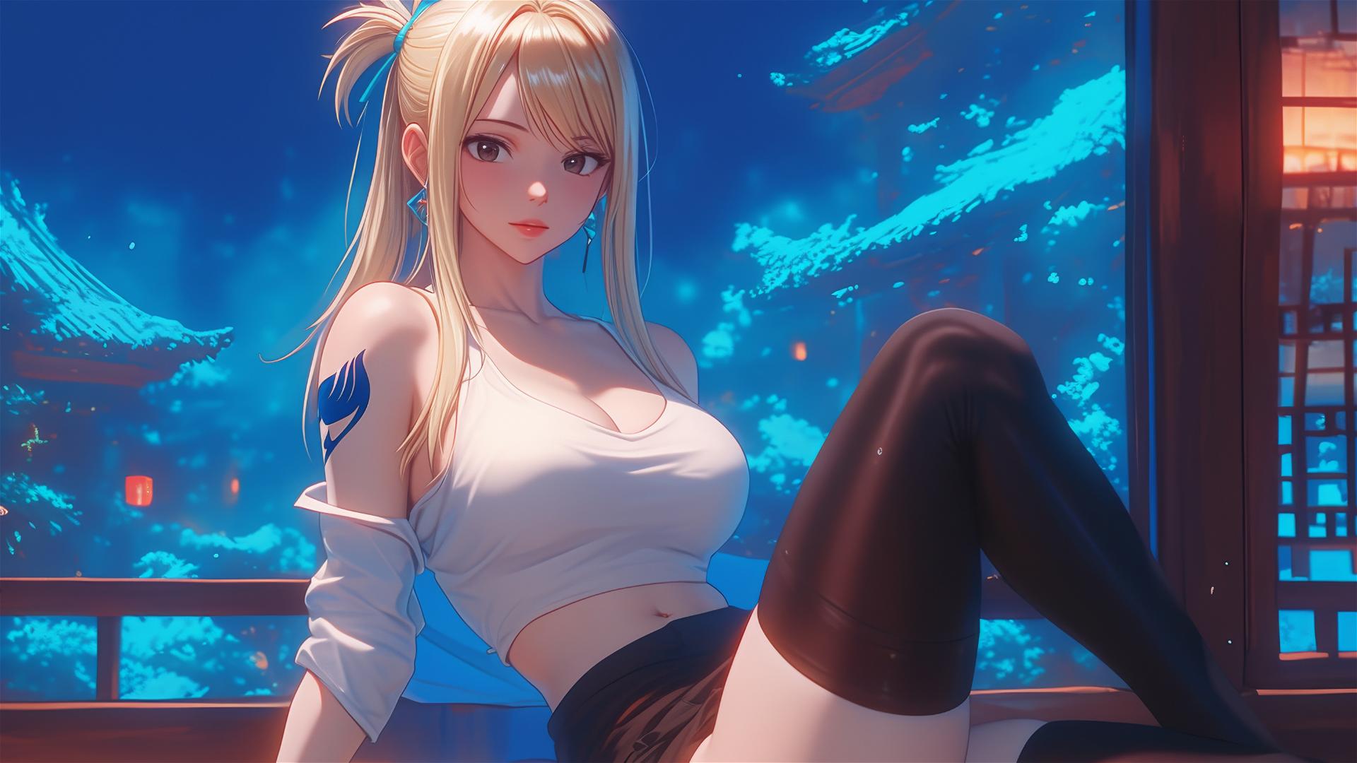 Lucy Heartfilia resting in a modern hotel room with moonlight glow.