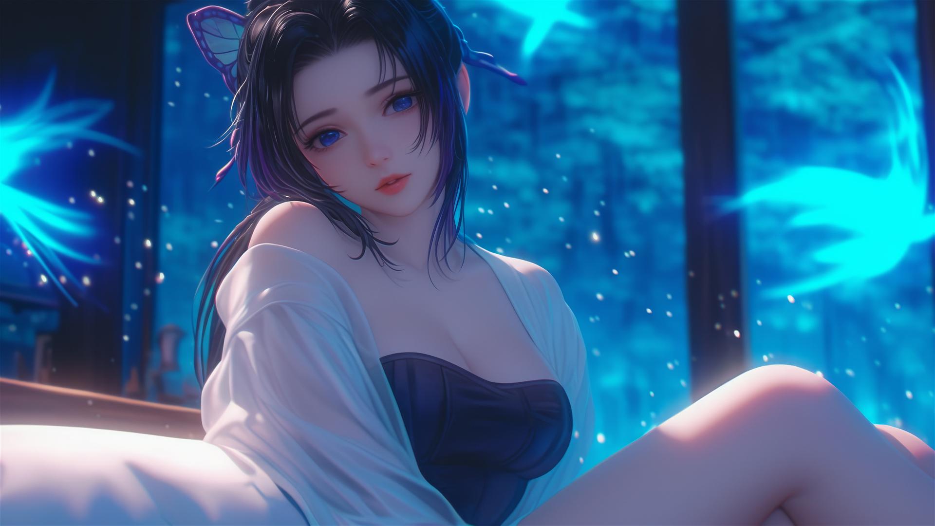 Shinobu Kocho resting in a modern hotel room with moonlight glowing softly.