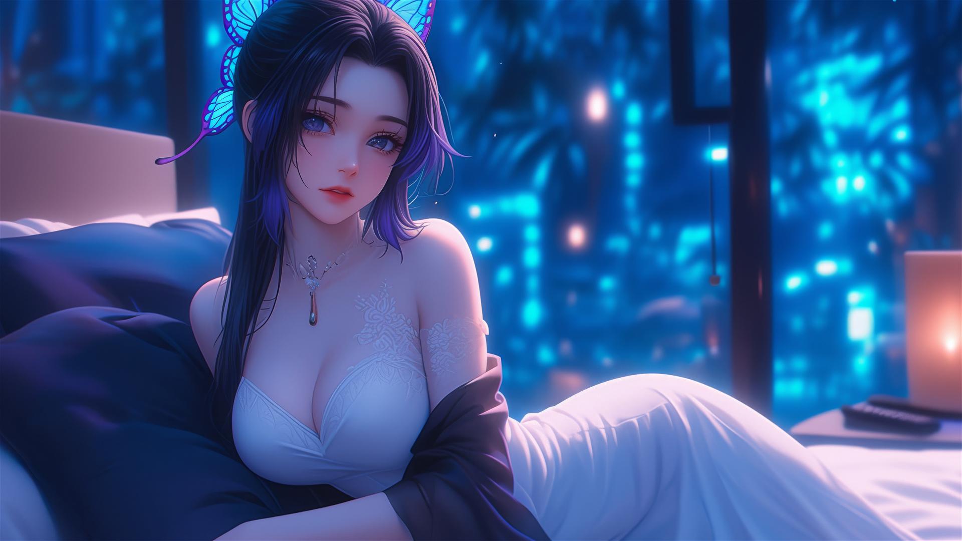 Shinobu Kocho in a modern hotel room with neon lights and moonlight