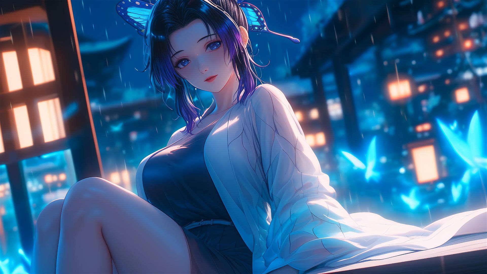 Shinobu Kocho in a neon-themed hotel room with glowing lights and moonlight