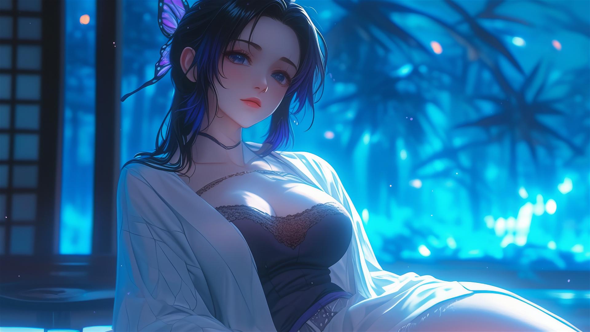 Shinobu Kocho from Demon Slayer rests in a modern hotel room with moonlight glow.