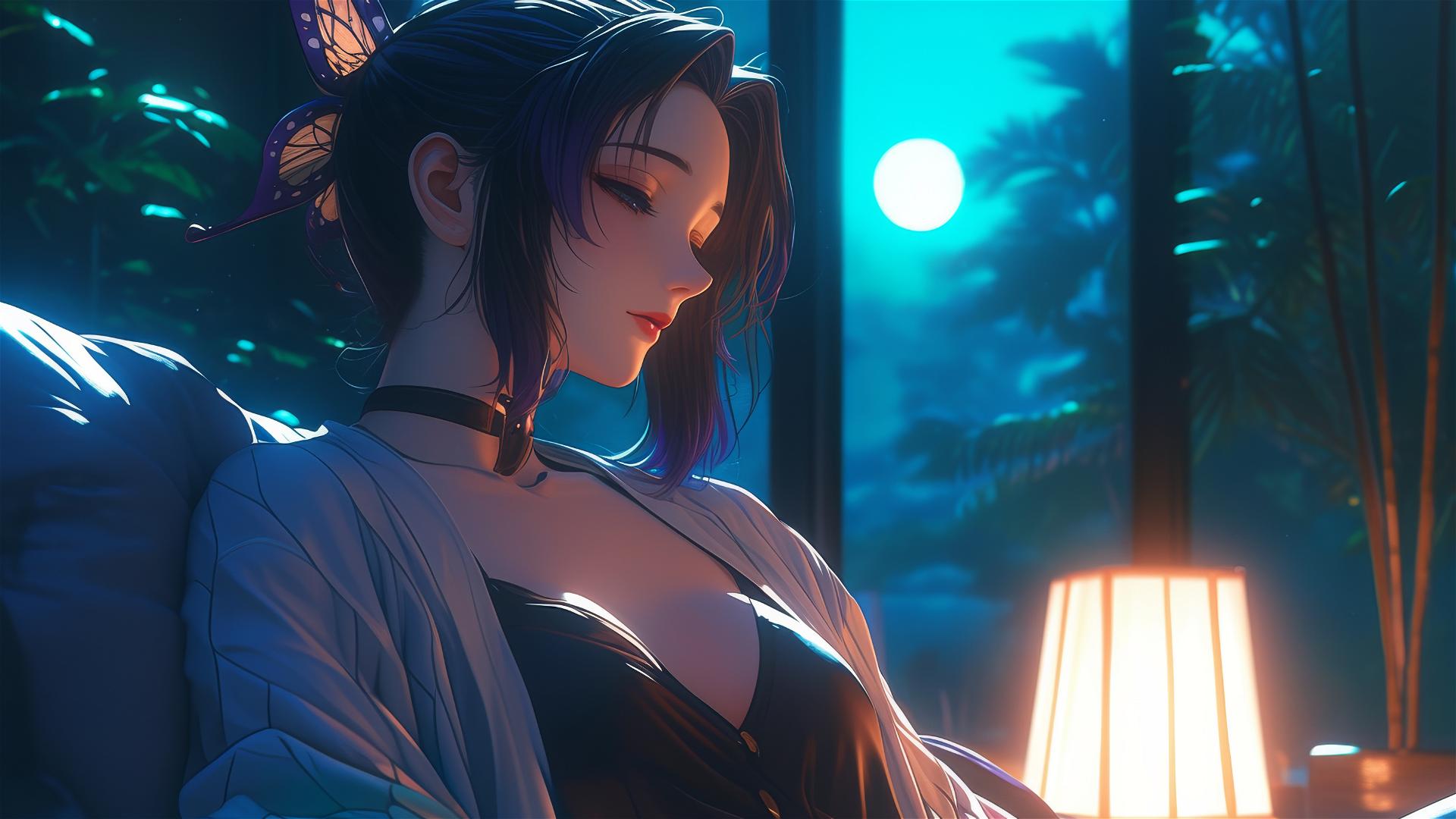 Shinobu Kocho resting in a modern hotel room with moonlight glow