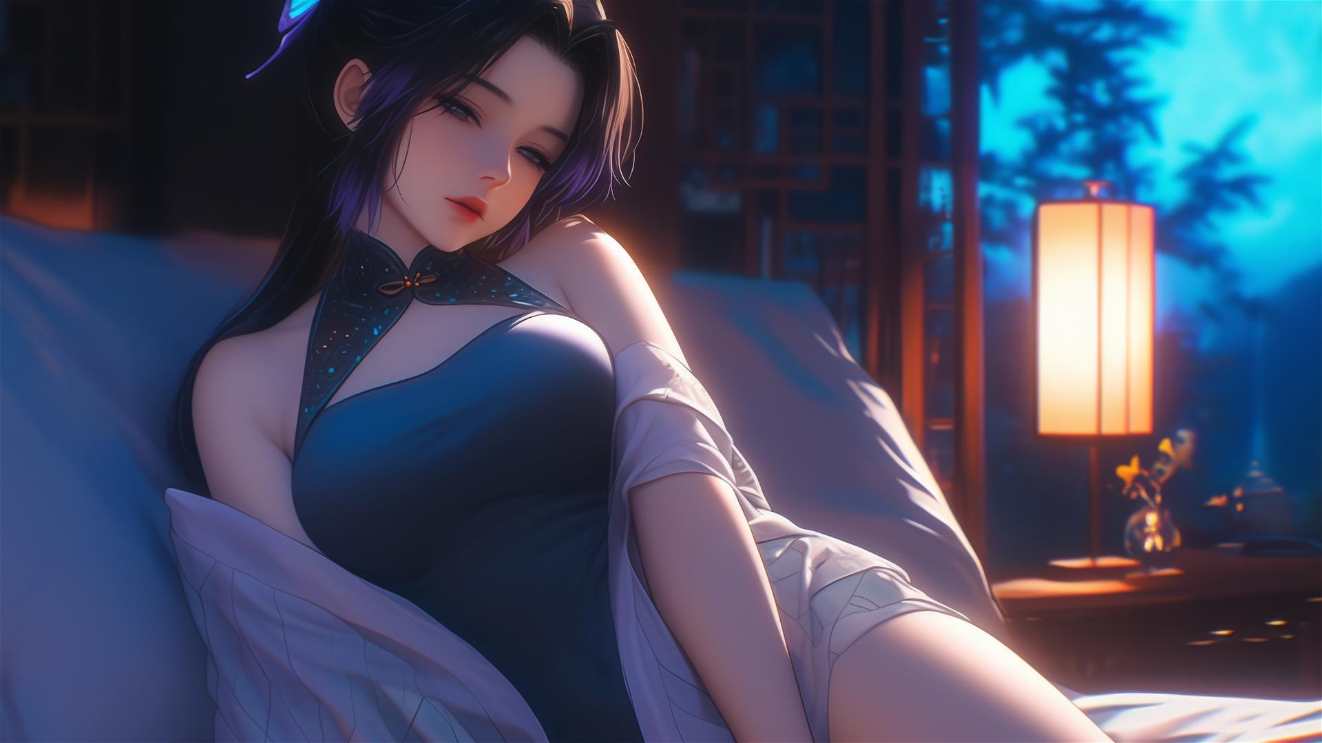 Shinobu Kocho resting in modern hotel room with moonlight glow