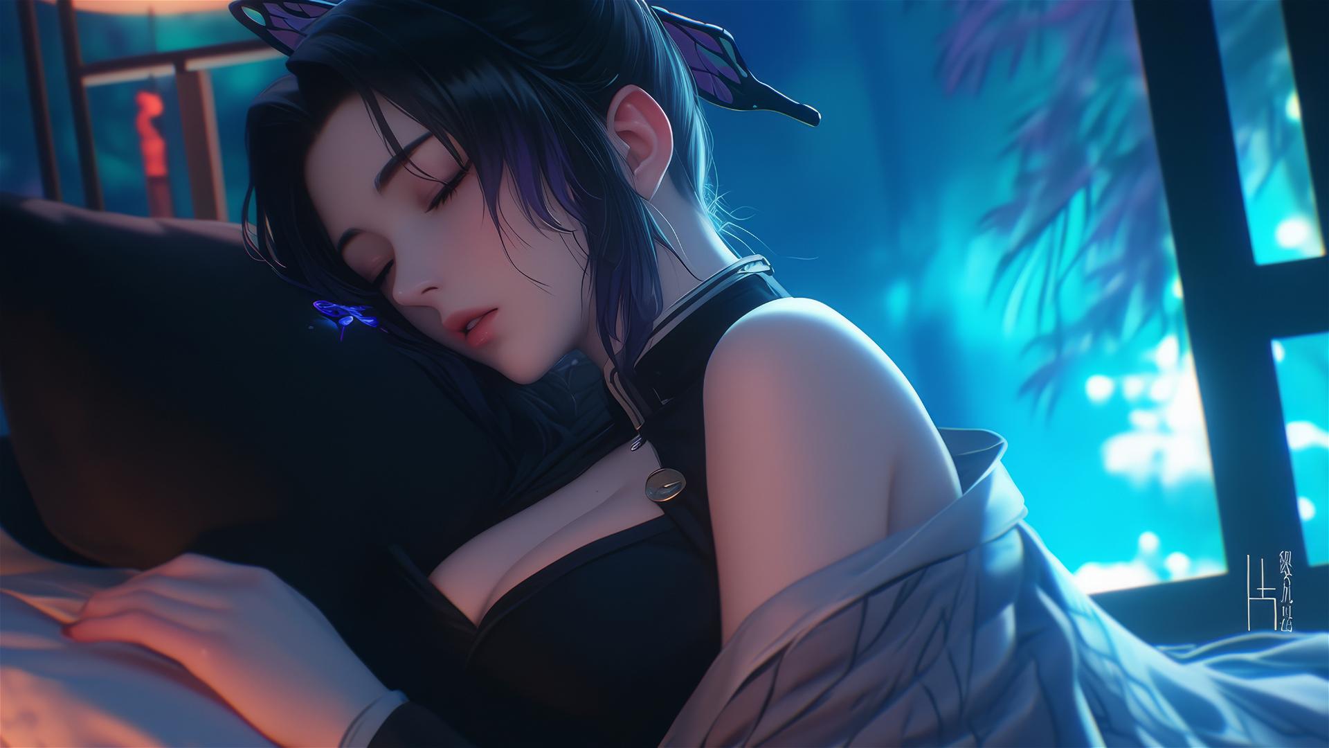 Shinobu Kocho resting in a modern hotel room under moonlight