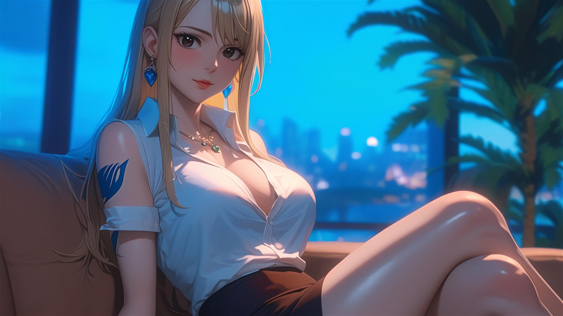 Lucy Heartfilia resting in a modern apartment with soft moonlight glow