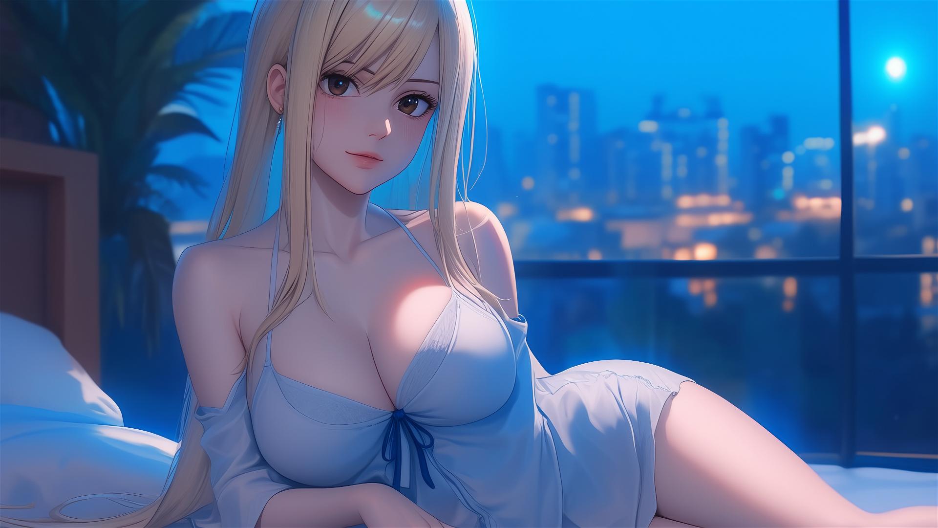 Lucy Heartfilia resting in modern apartment with soft moonlight glow