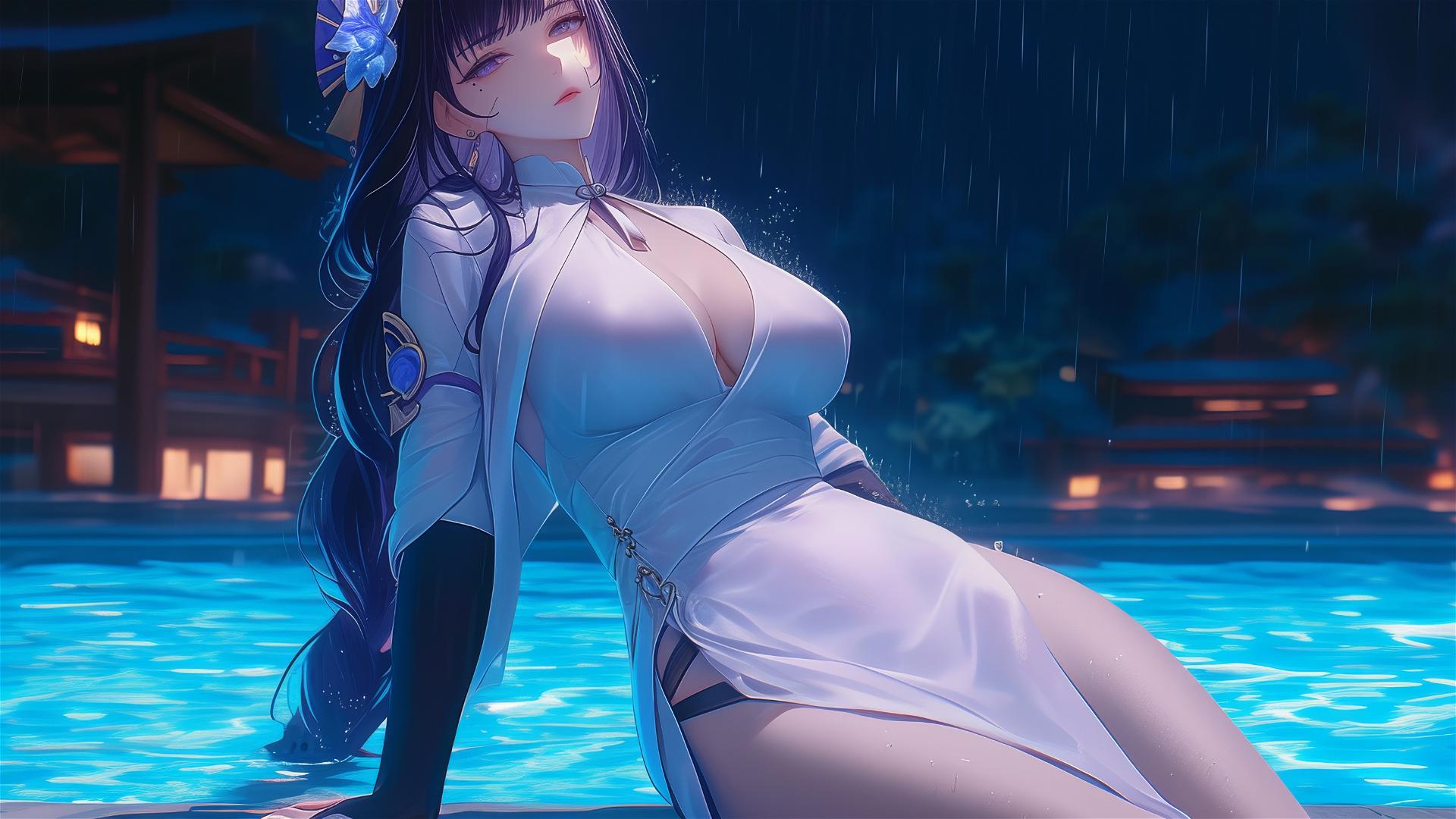 Raiden Shogun from Genshin Impact resting by a rainy pool in moonlight