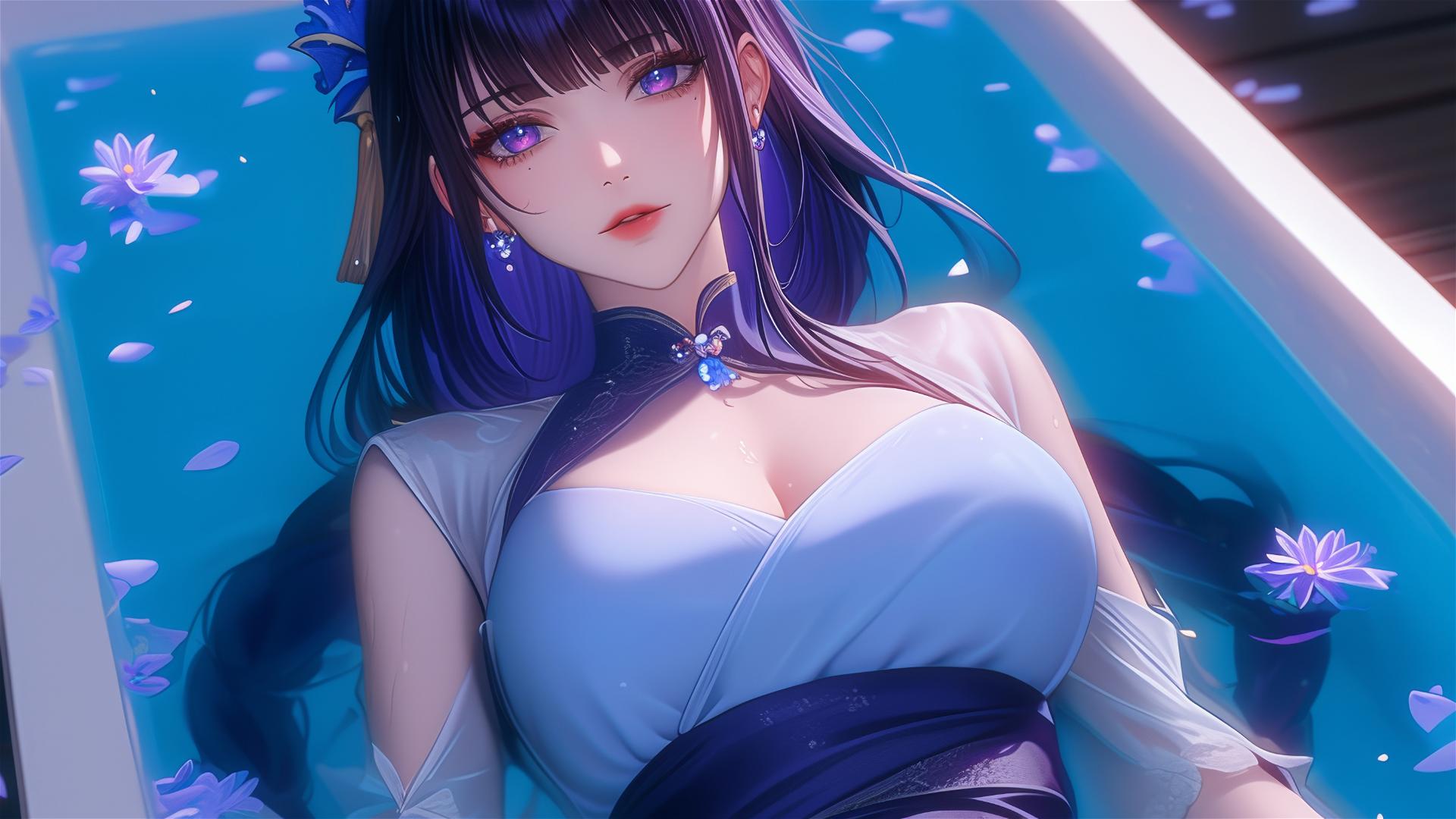 Raiden Shogun from Genshin Impact in a tub of flowers, Chinese spa, purple hair, purple eyes