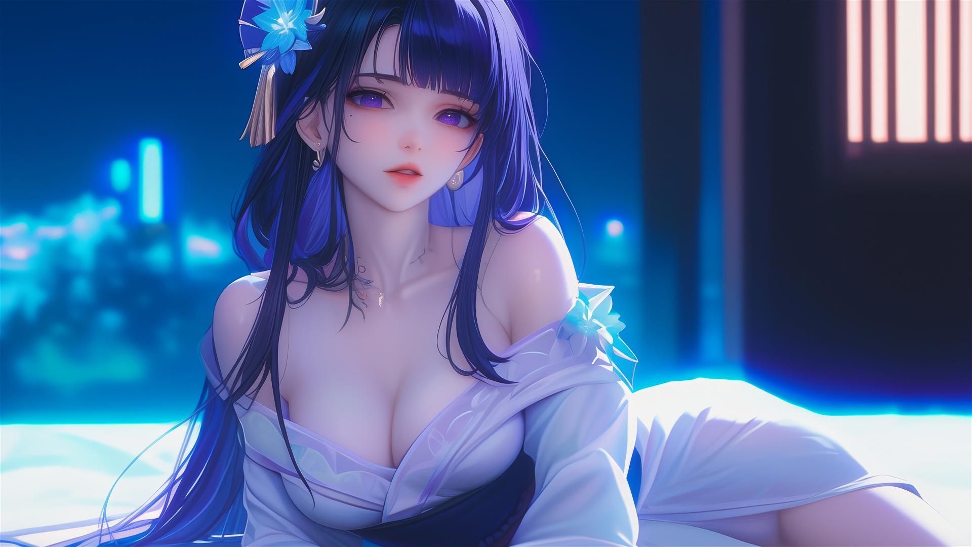 Raiden Shogun from Genshin Impact resting at a modern hotel under moonlight