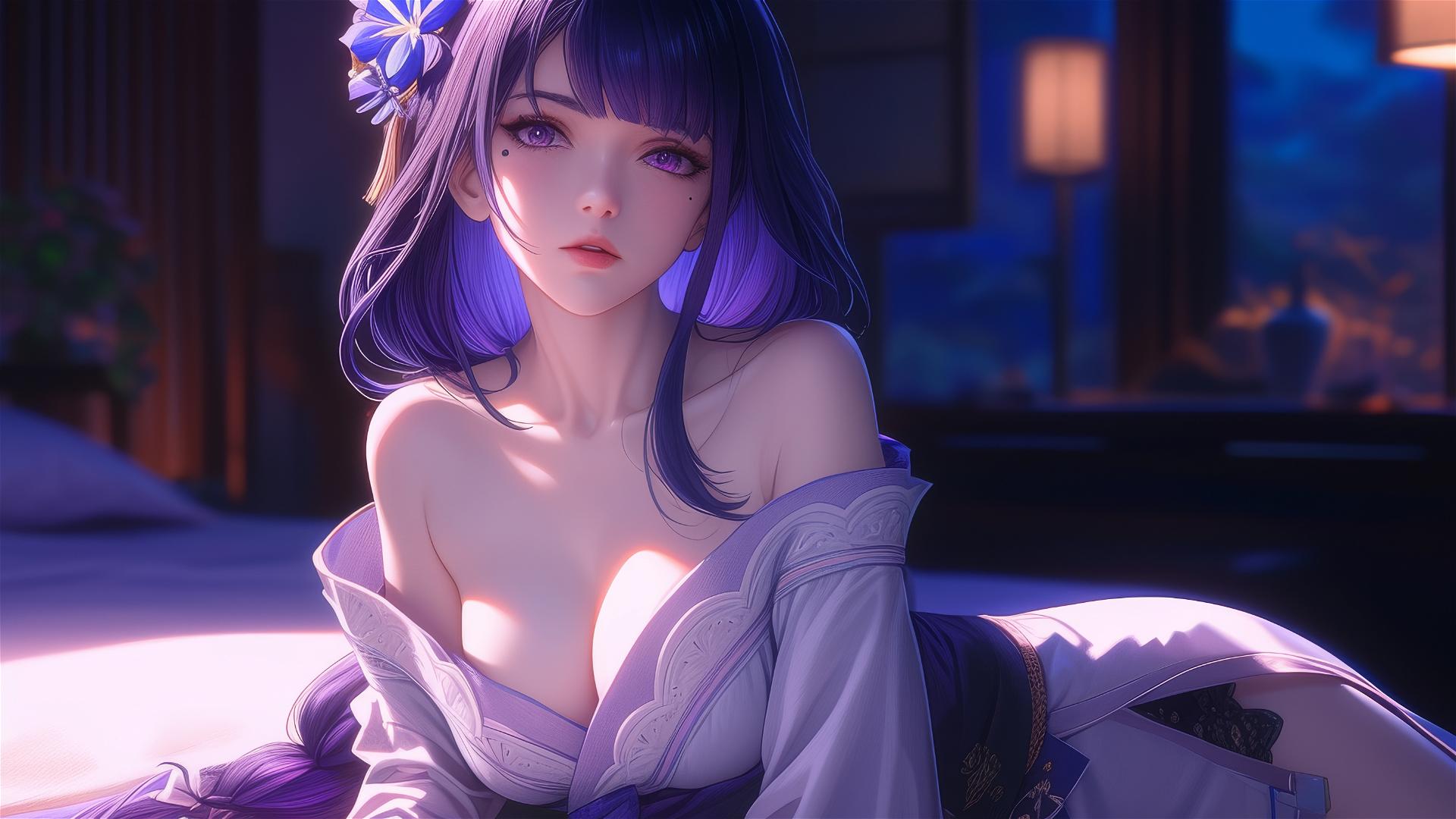 Raiden Shogun from Genshin Impact resting at a modern hotel, moonlight glow