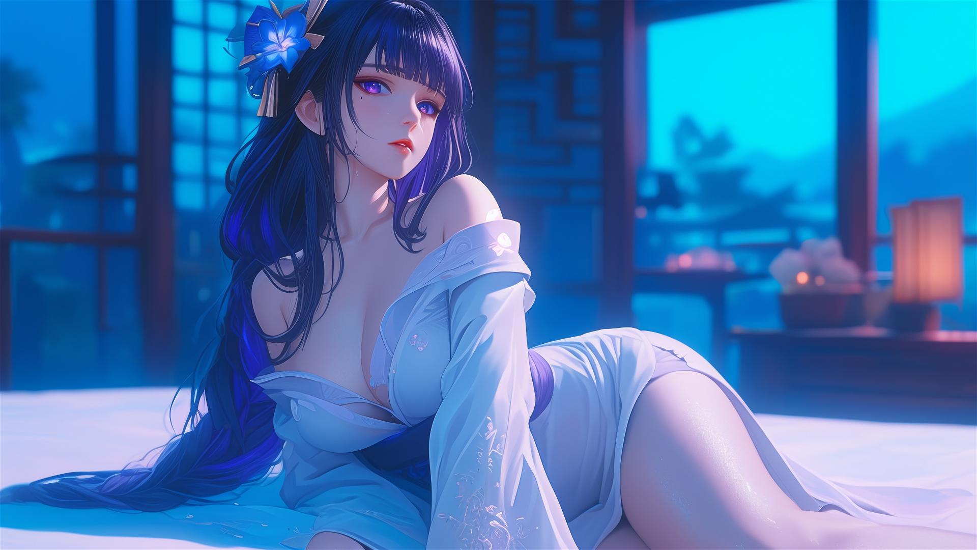 Raiden Shogun from Genshin Impact resting at modern hotel with moonlight glow