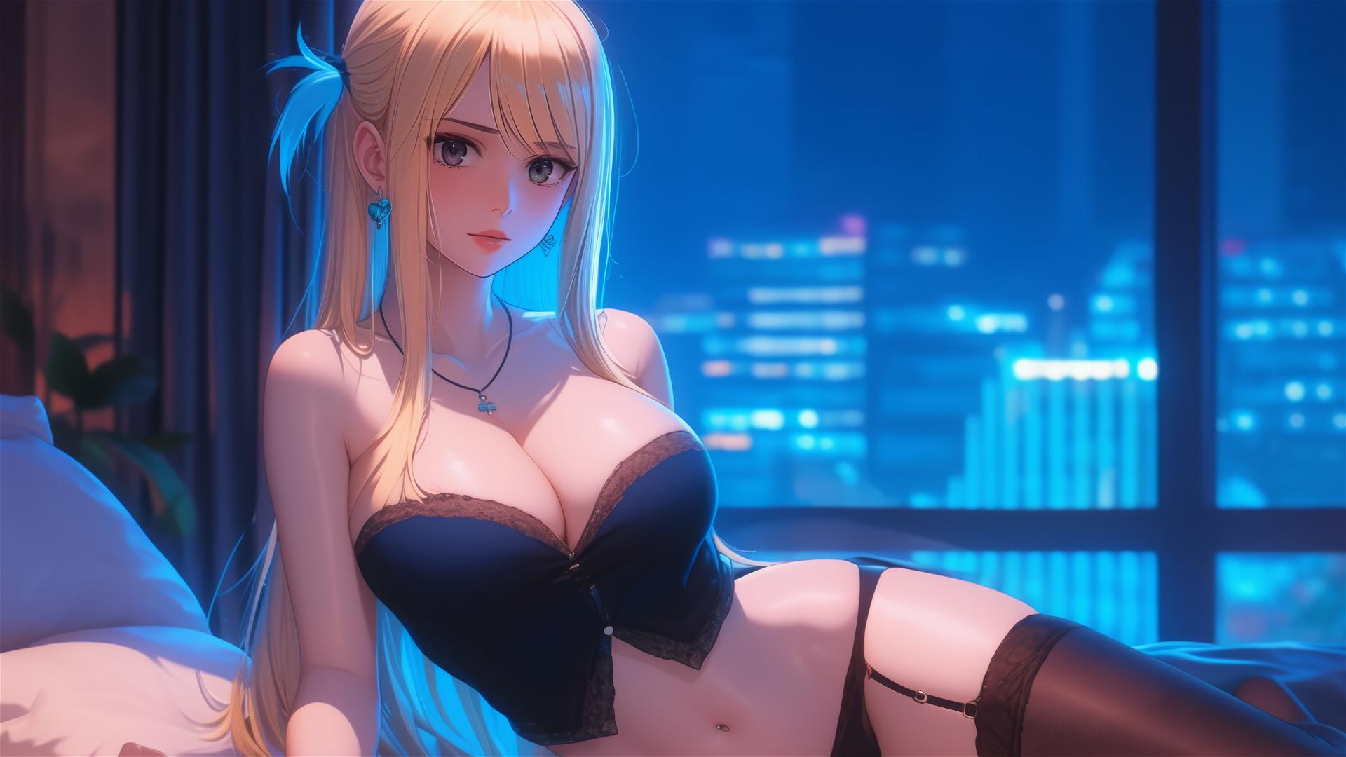 Lucy Heartfilia resting in a modern hotel room under moonlight