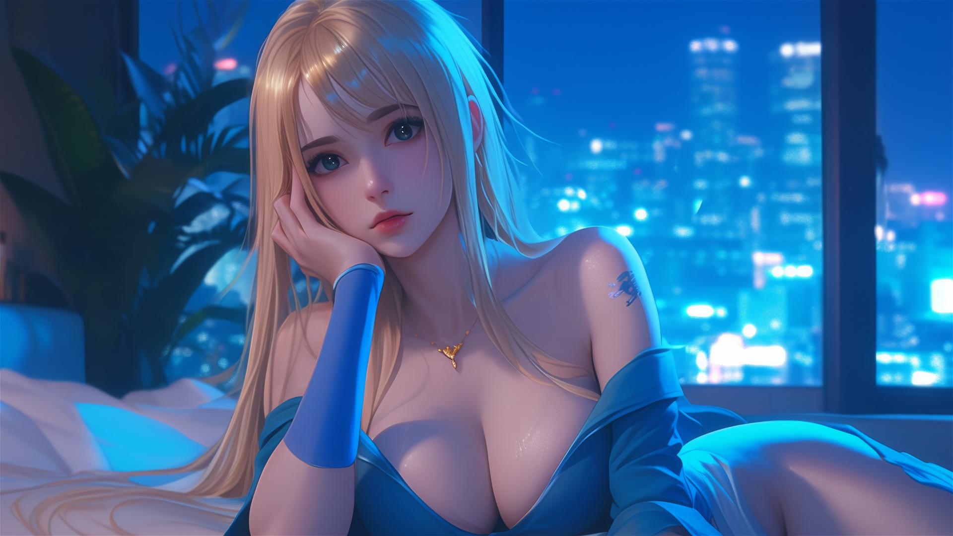 Lucy Heartfilia from Fairy Tail relaxing in a modern apartment with moonlight glow.