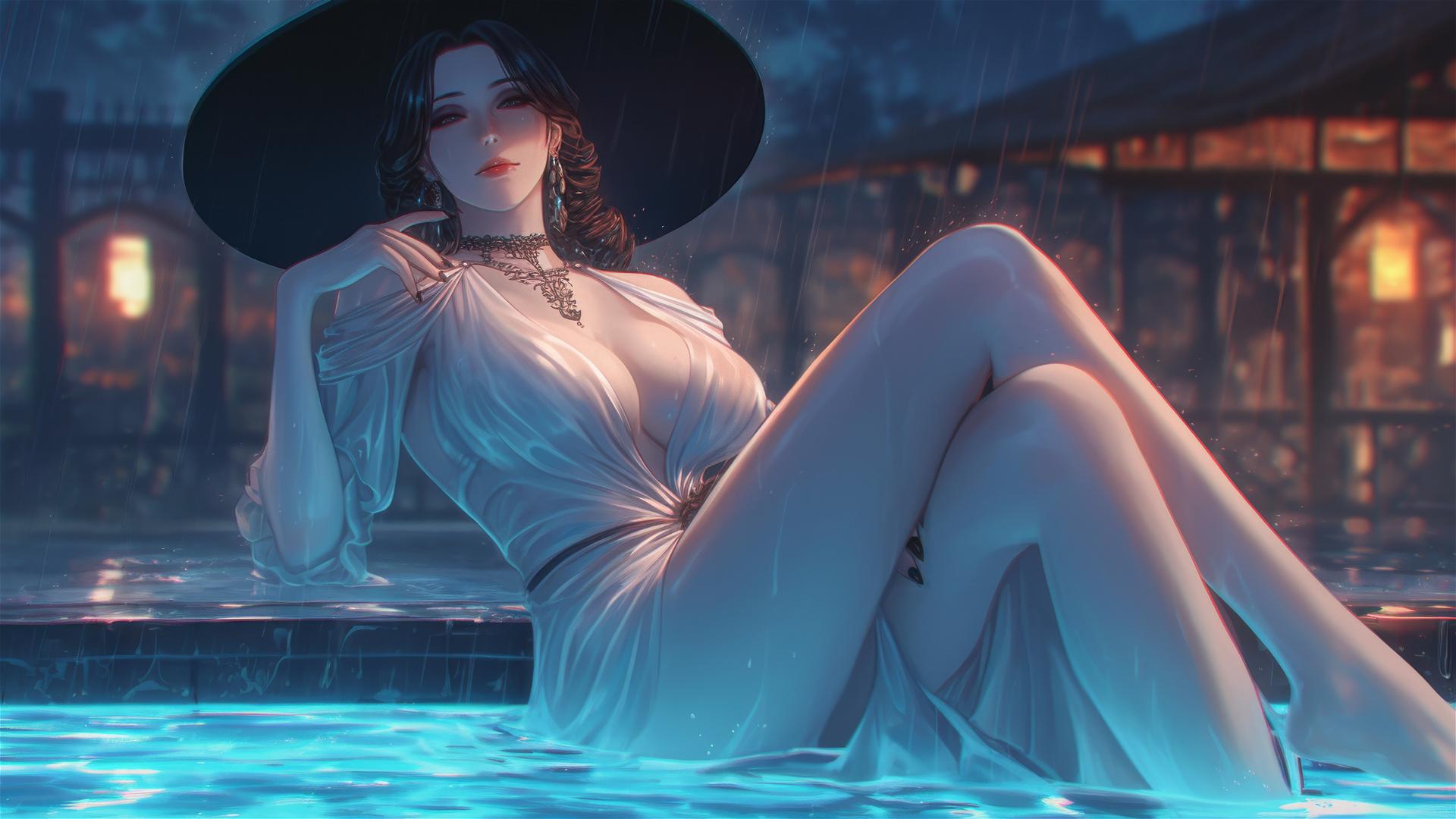 Lady Dimitrescu resting at a rainy swimming pool under moonlight