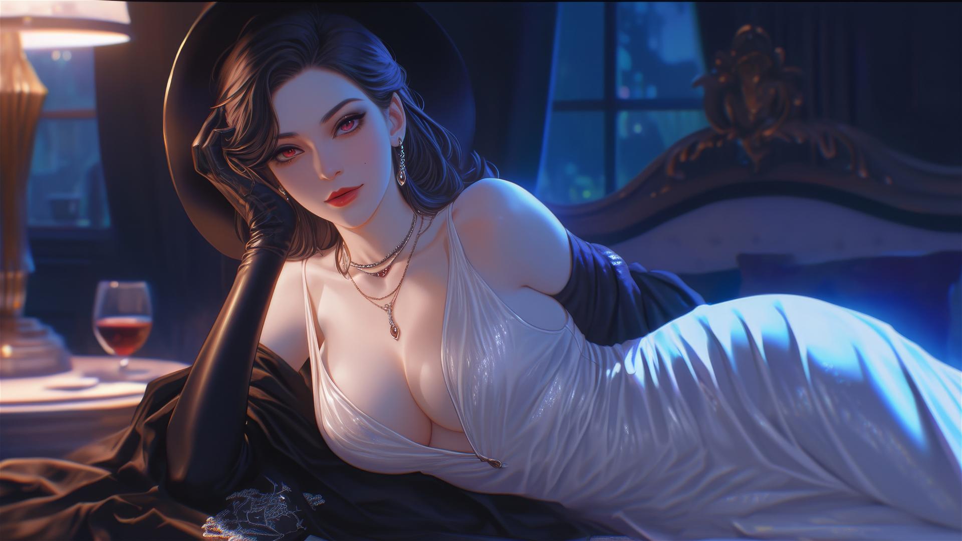 Lady Dimitrescu resting on a modern hotel bed under moonlight