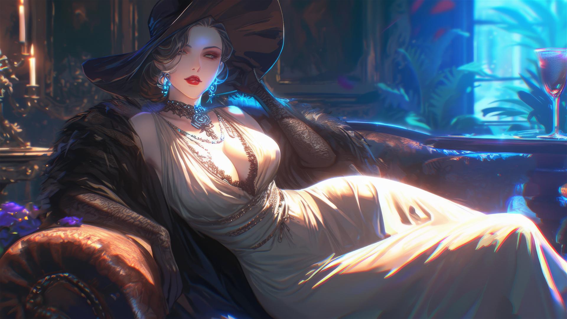 Lady Dimitrescu in a modern hotel bed with moonlight.