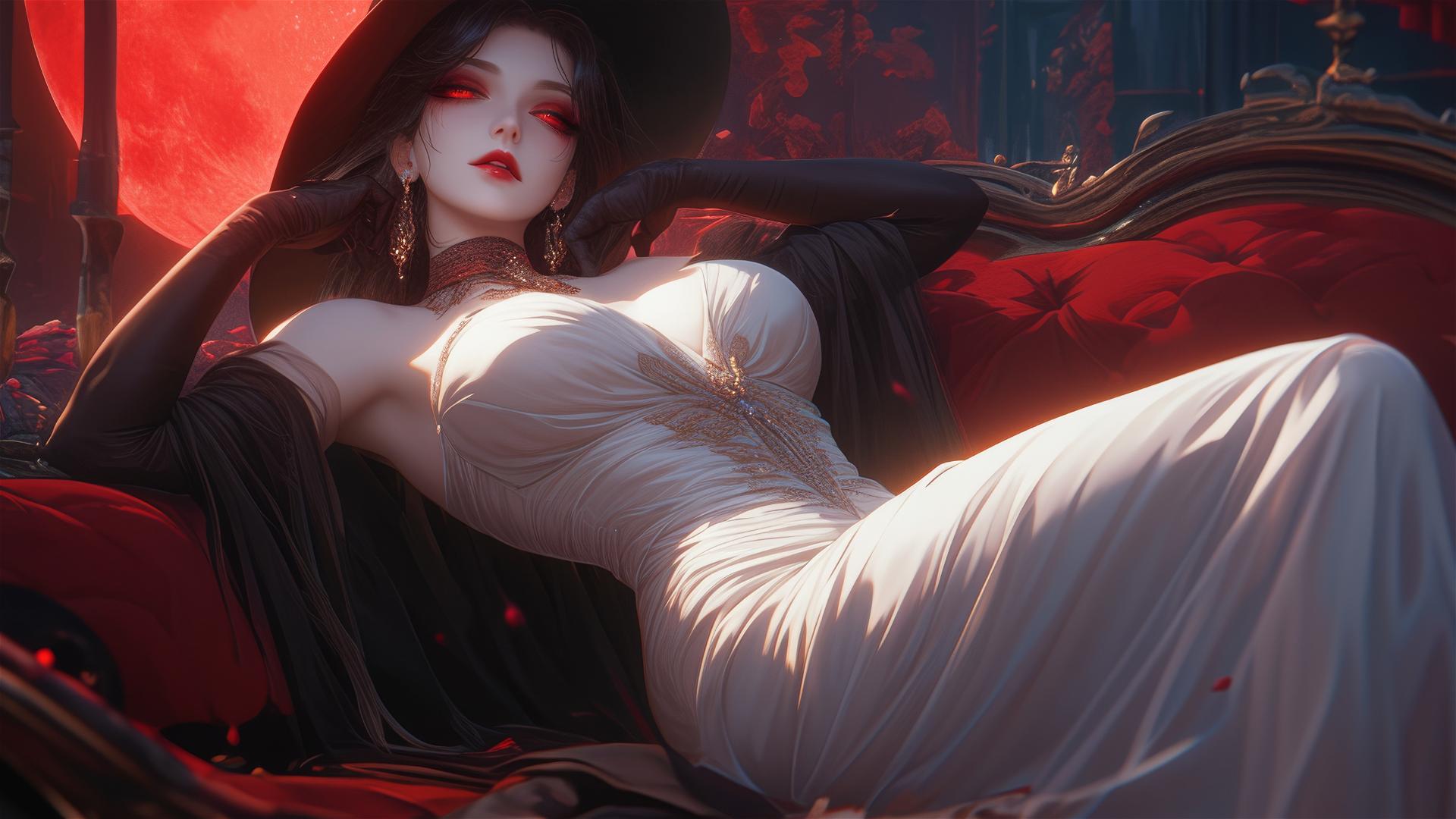 Lady Dimitrescu resting under red moonlight in a gothic, elegant style.