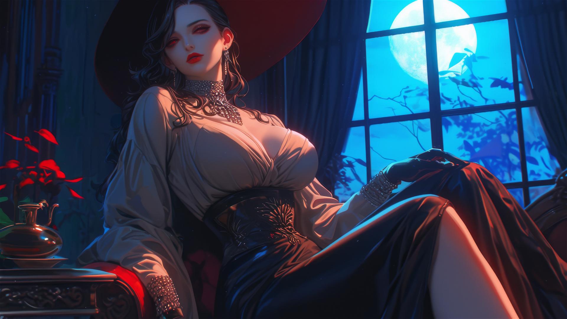 Lady Dimitrescu resting under red moonlight, gothic elegant style