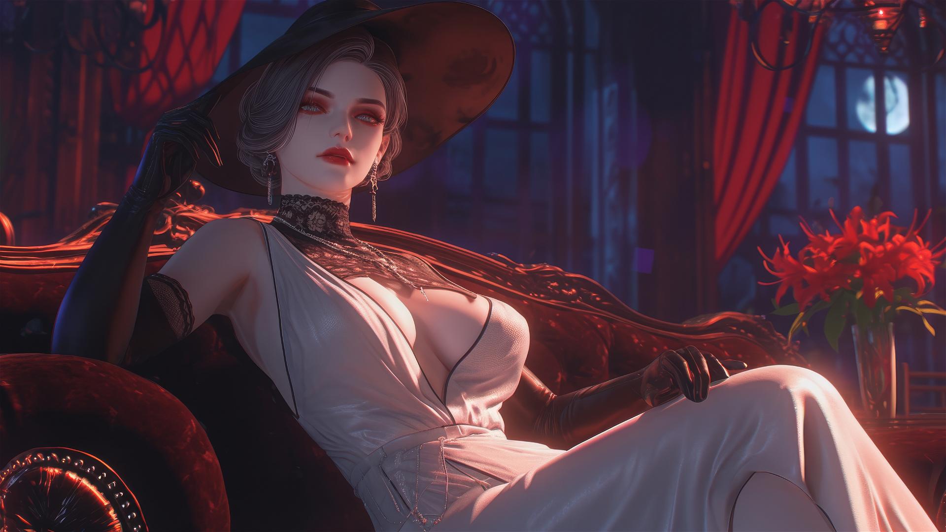 Lady Dimitrescu resting under red moonlight, gothic elegance