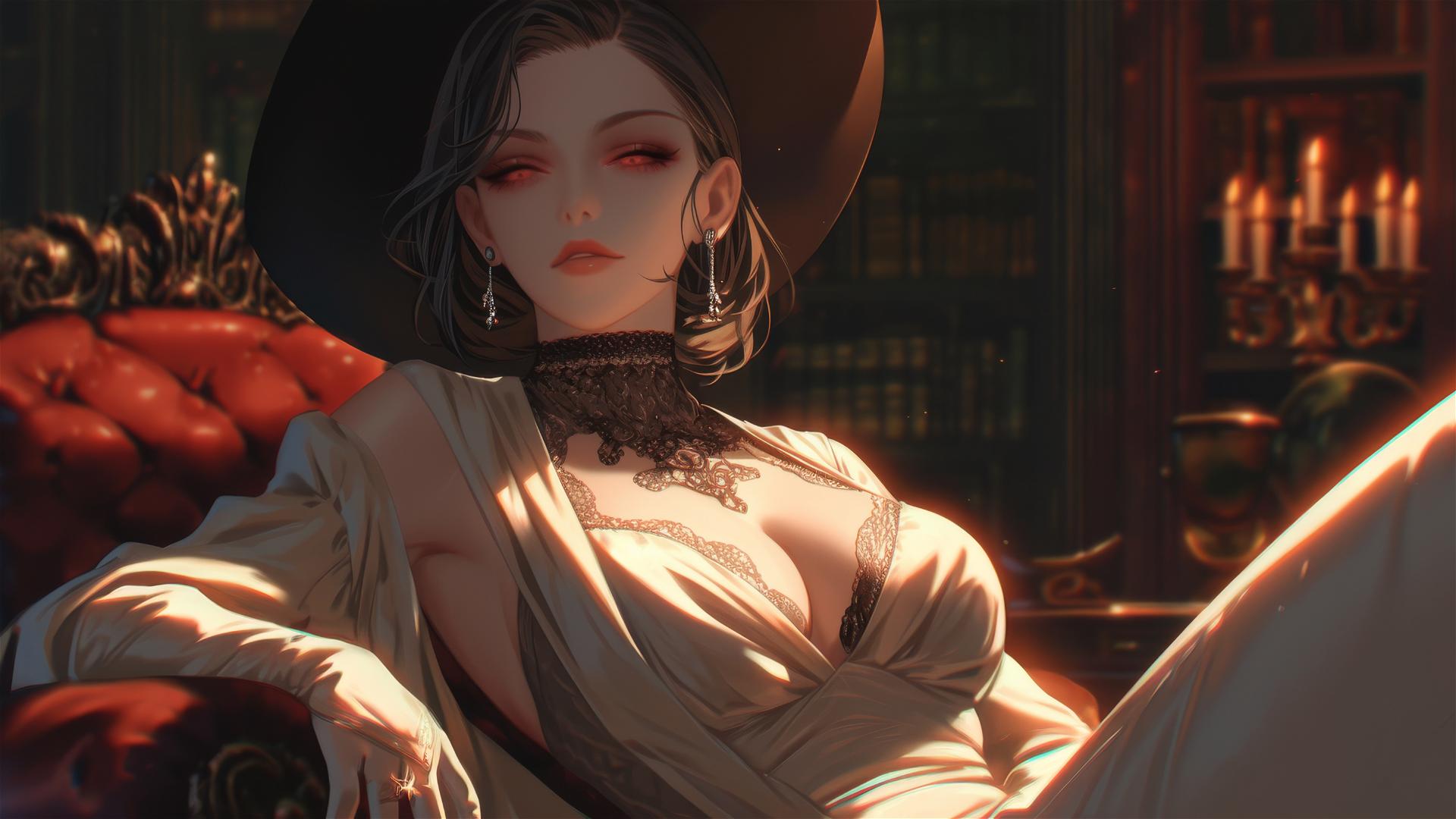 Lady Dimitrescu resting under red moonlight