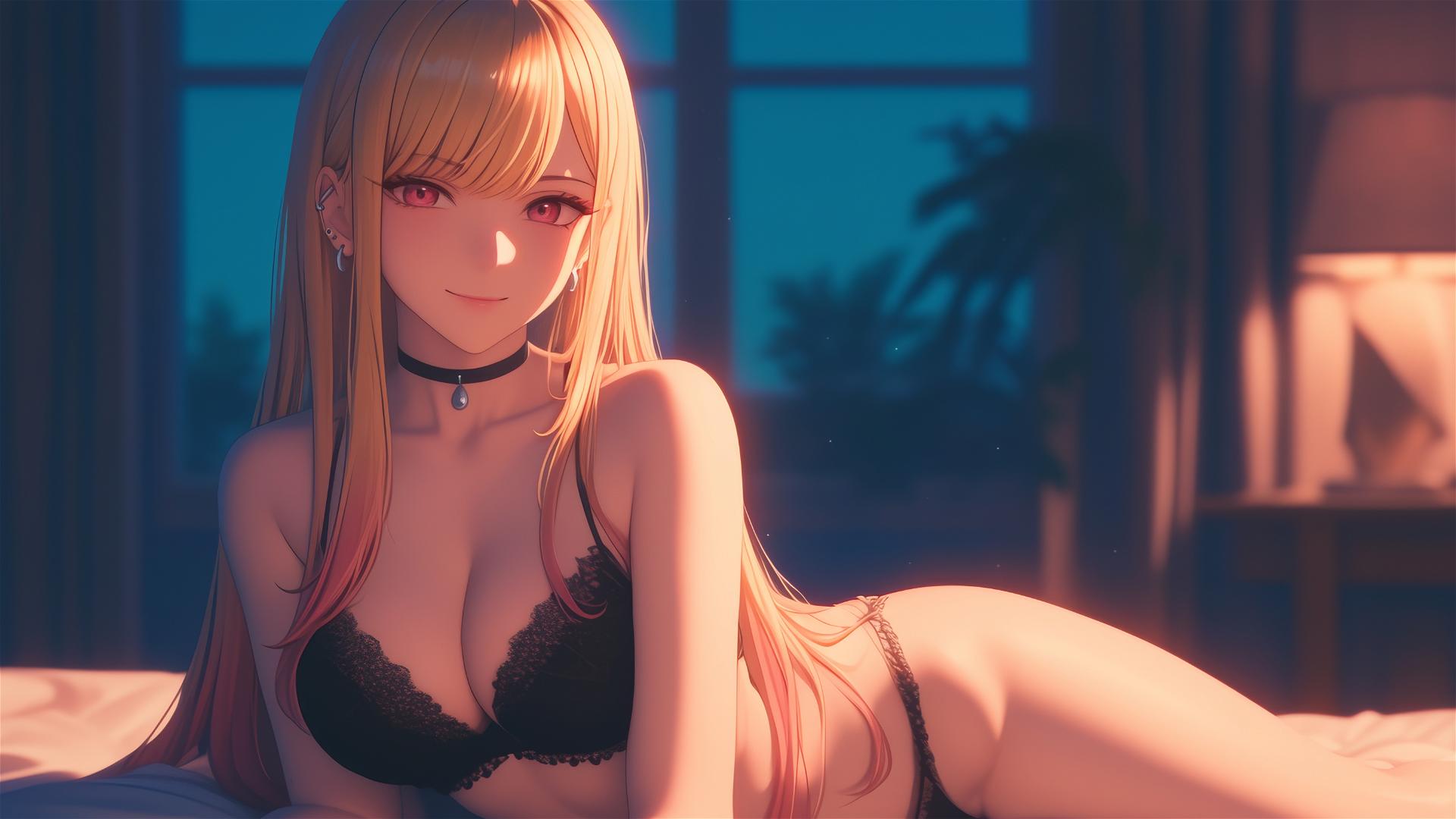 Marin Kitagawa sitting on a hotel bed under moonlight.