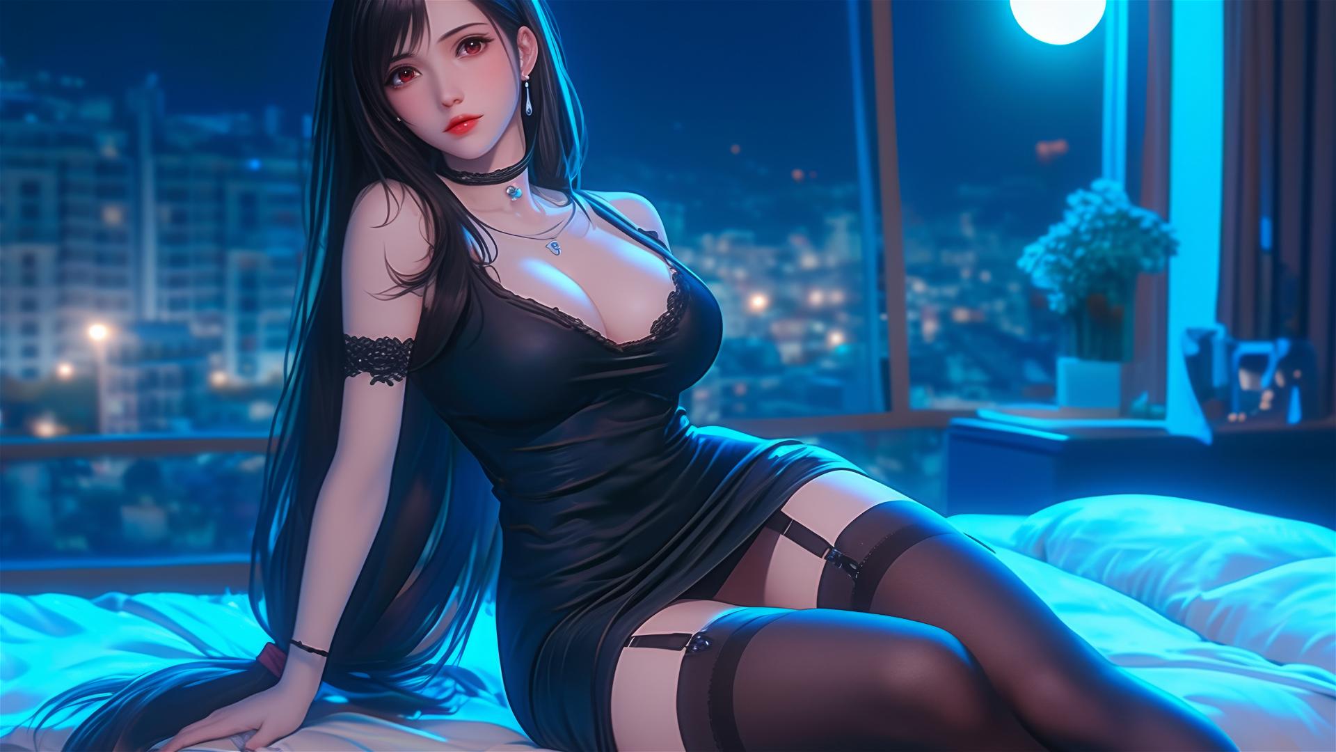 Tifa Lockhart in bold dress, resting under moonlight