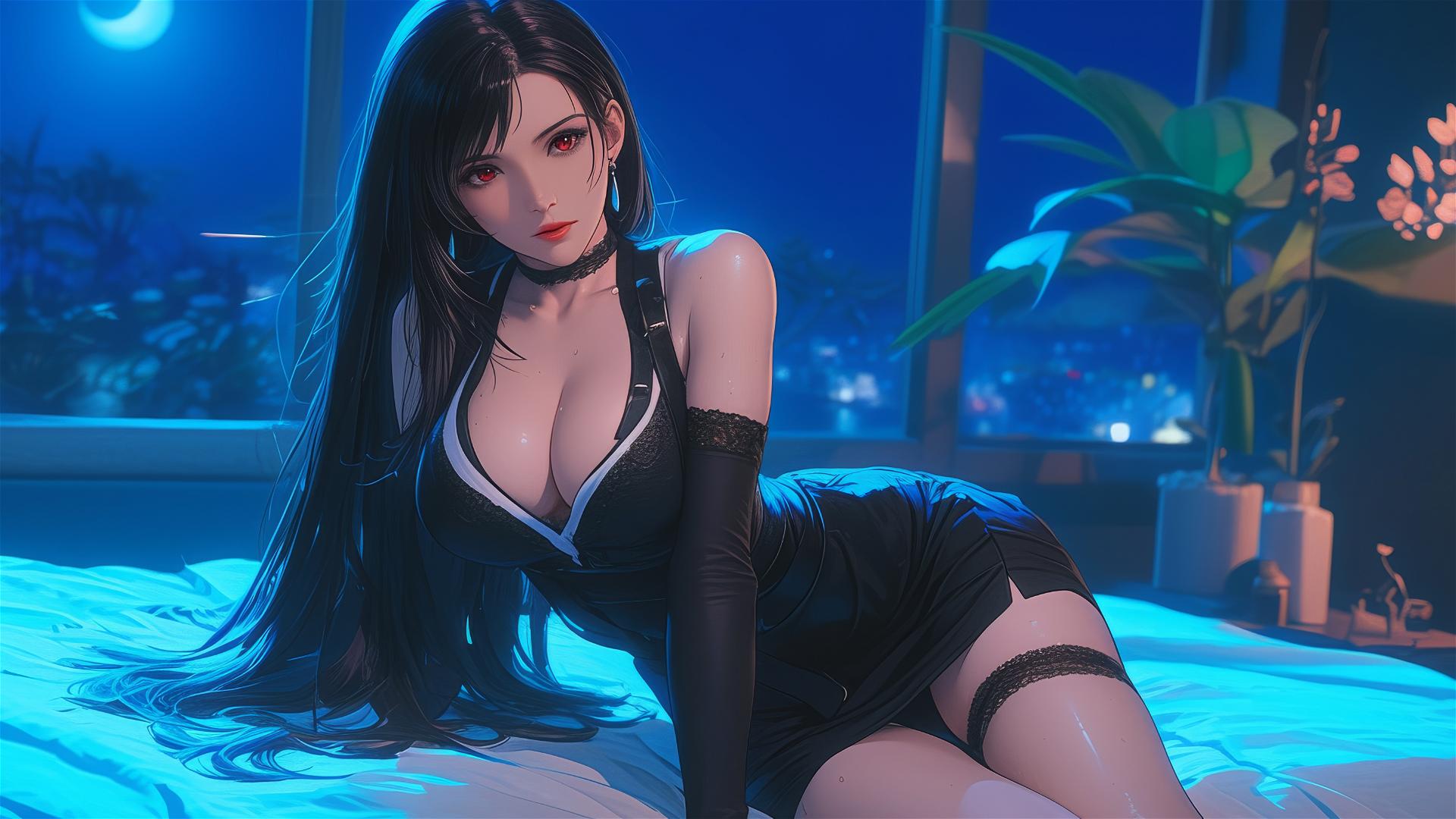 Tifa Lockhart in bold dress relaxing in her room with moonlight glow