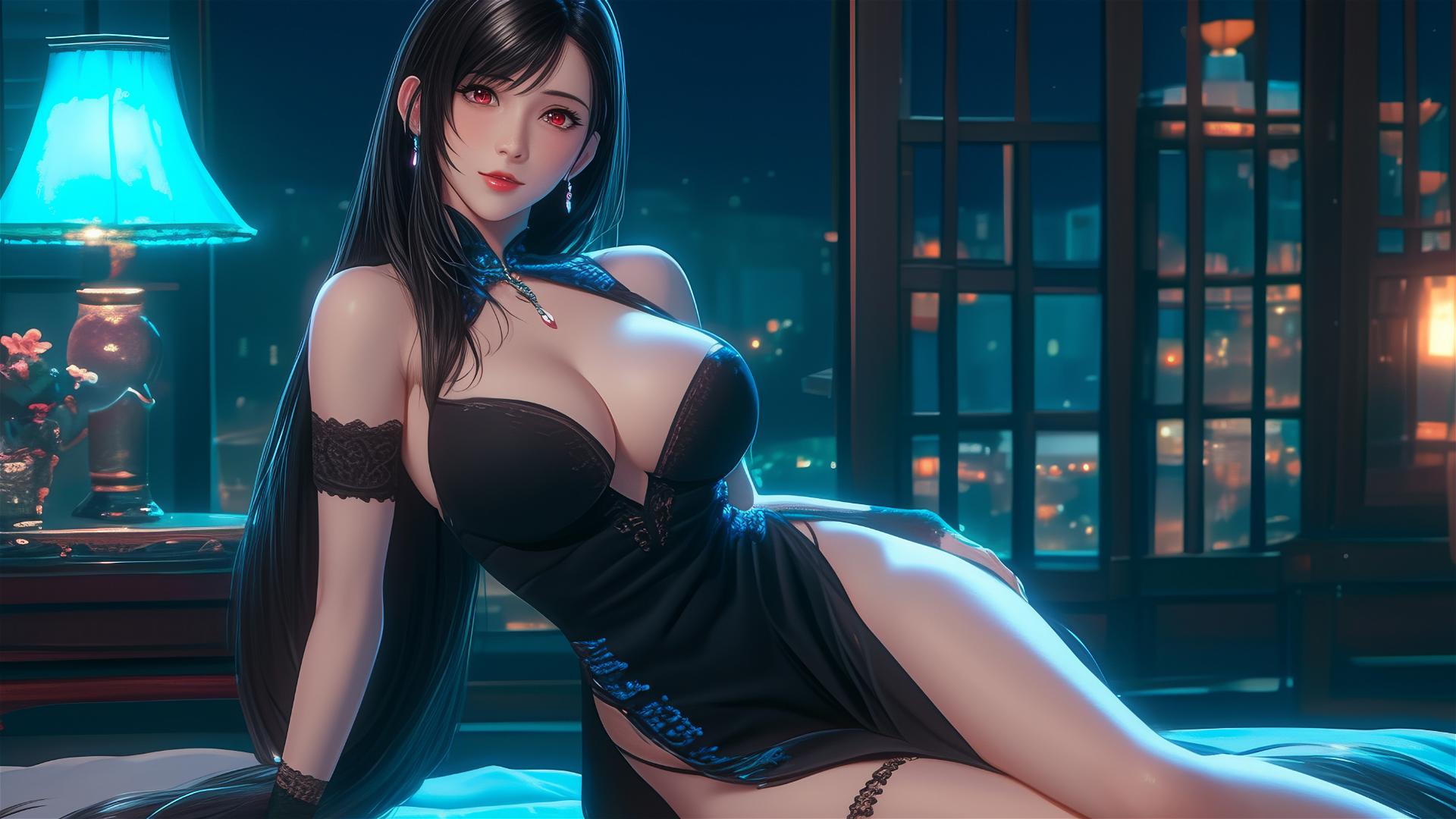Tifa Lockhart in bold dress basking in soft moonlight