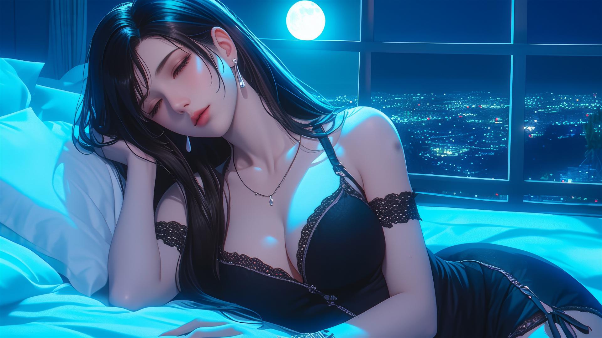 Tifa Lockhart in black pajamas resting, moonlight casting a soft glow