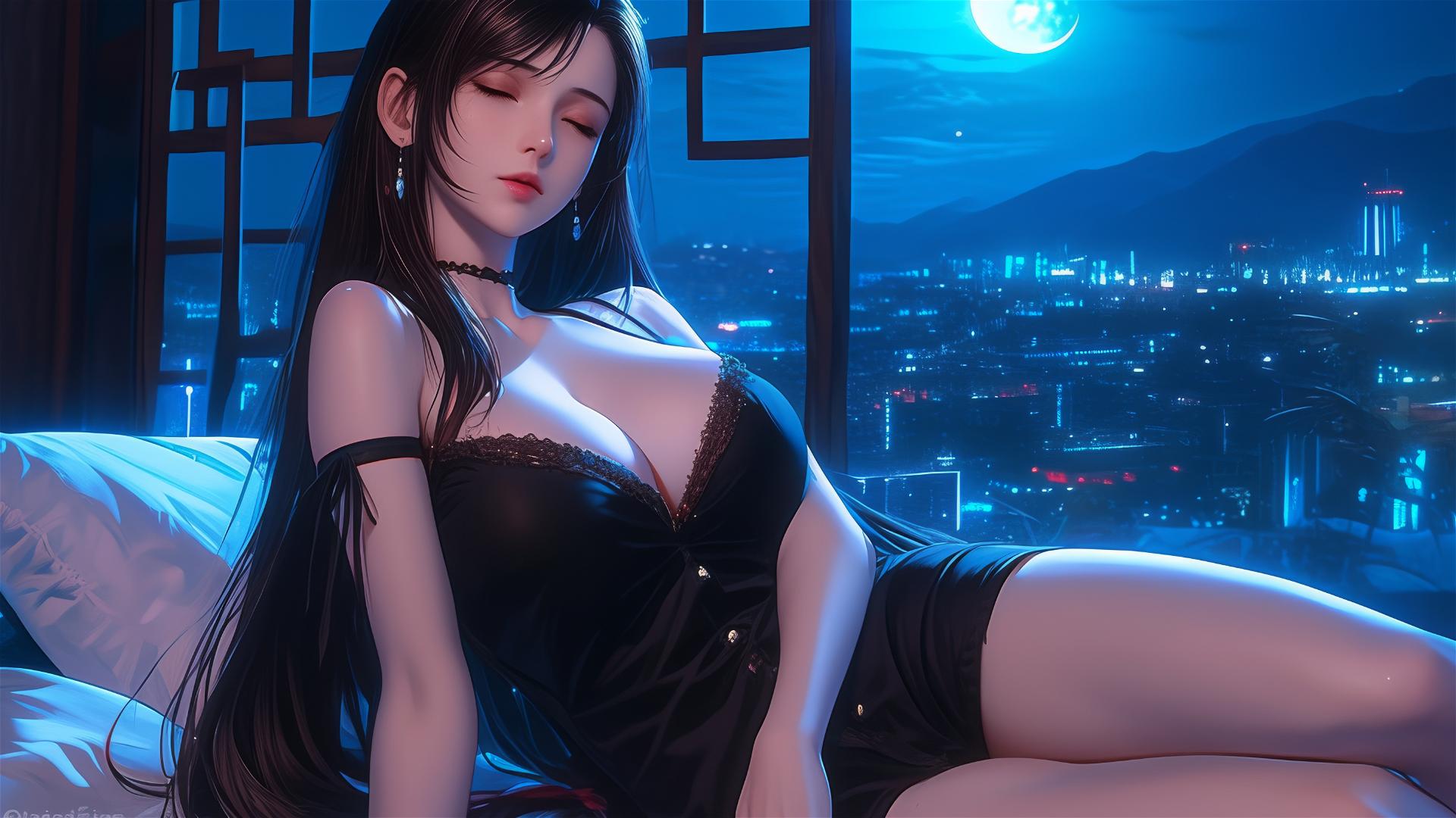 Tifa Lockhart in black pajamas resting under moonlight